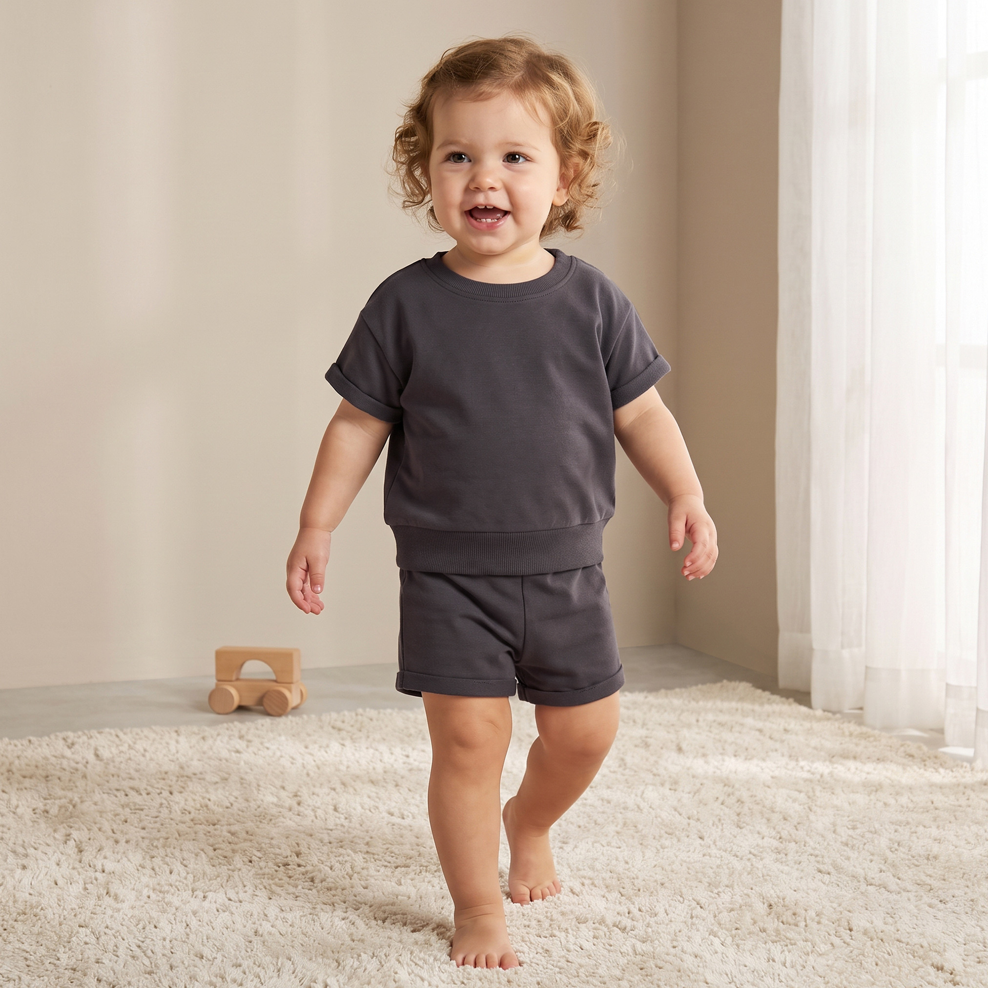طقم شورت وسويت شيرت بياقة ضيقة وأكمام قصيرة وحواف مطوية من جونيورز-baby-girls-clothing-setsandcoords-image-1