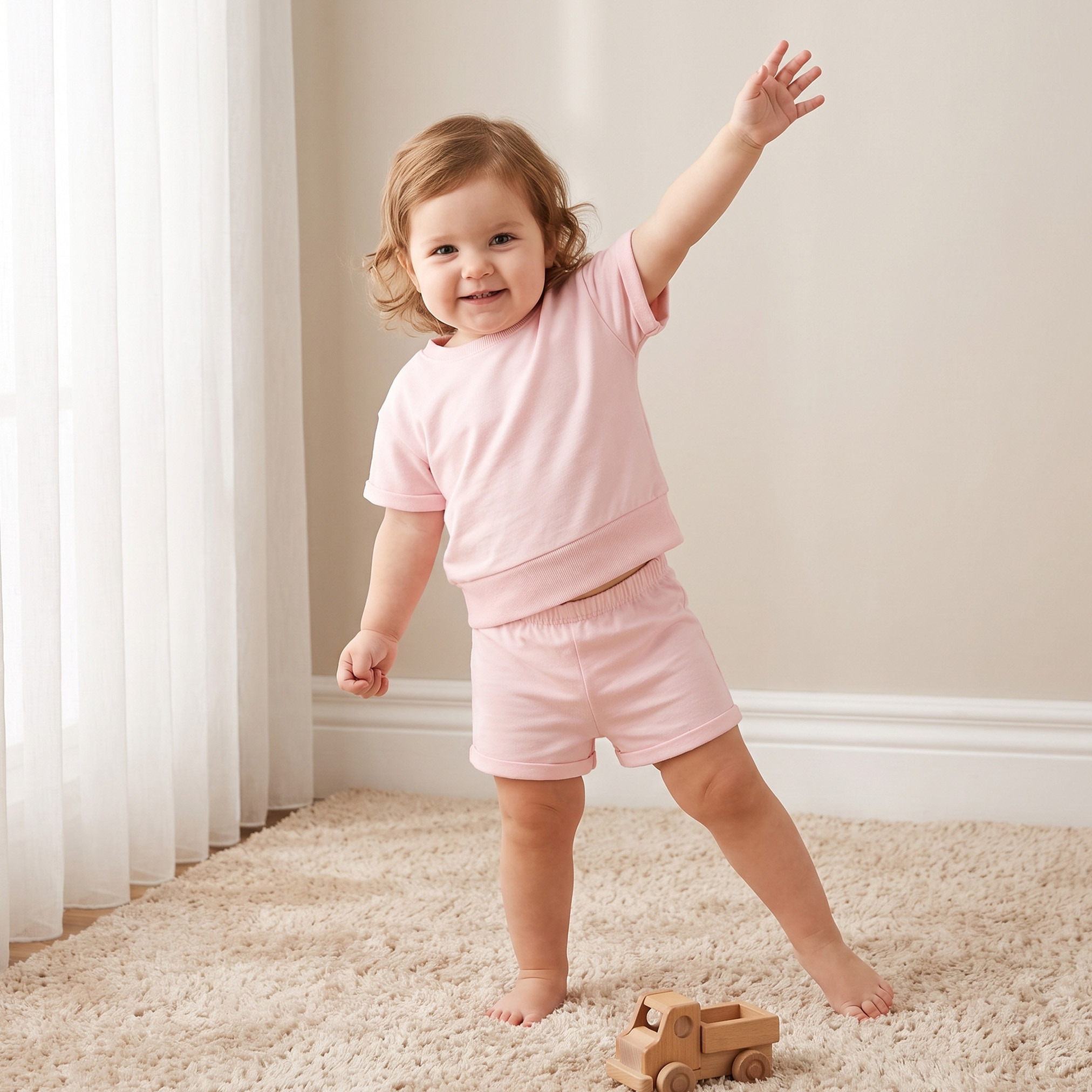 طقم تيشيرت بياقة مستديرة وأكمام قصيرة وشورت بأطراف ملفوفة من جونيورز-baby-girls-clothing-setsandcoords-image-1