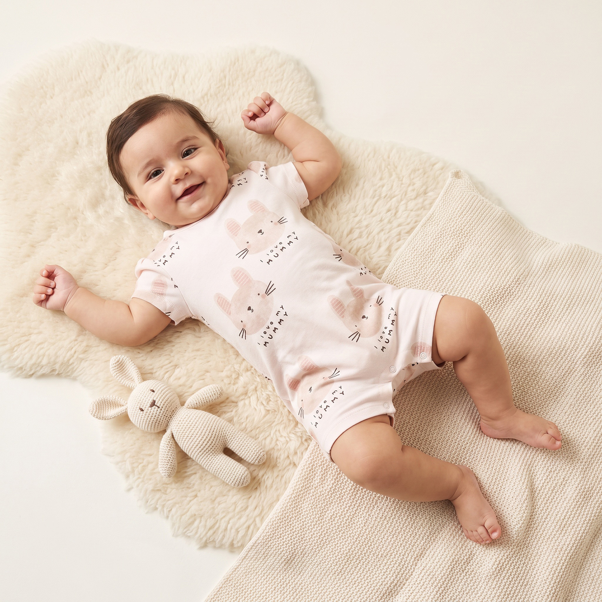 Juniors Crew Neck Short Sleeves Rompers with Rabbit Print-baby-girls-clothing-rompers-image-1
