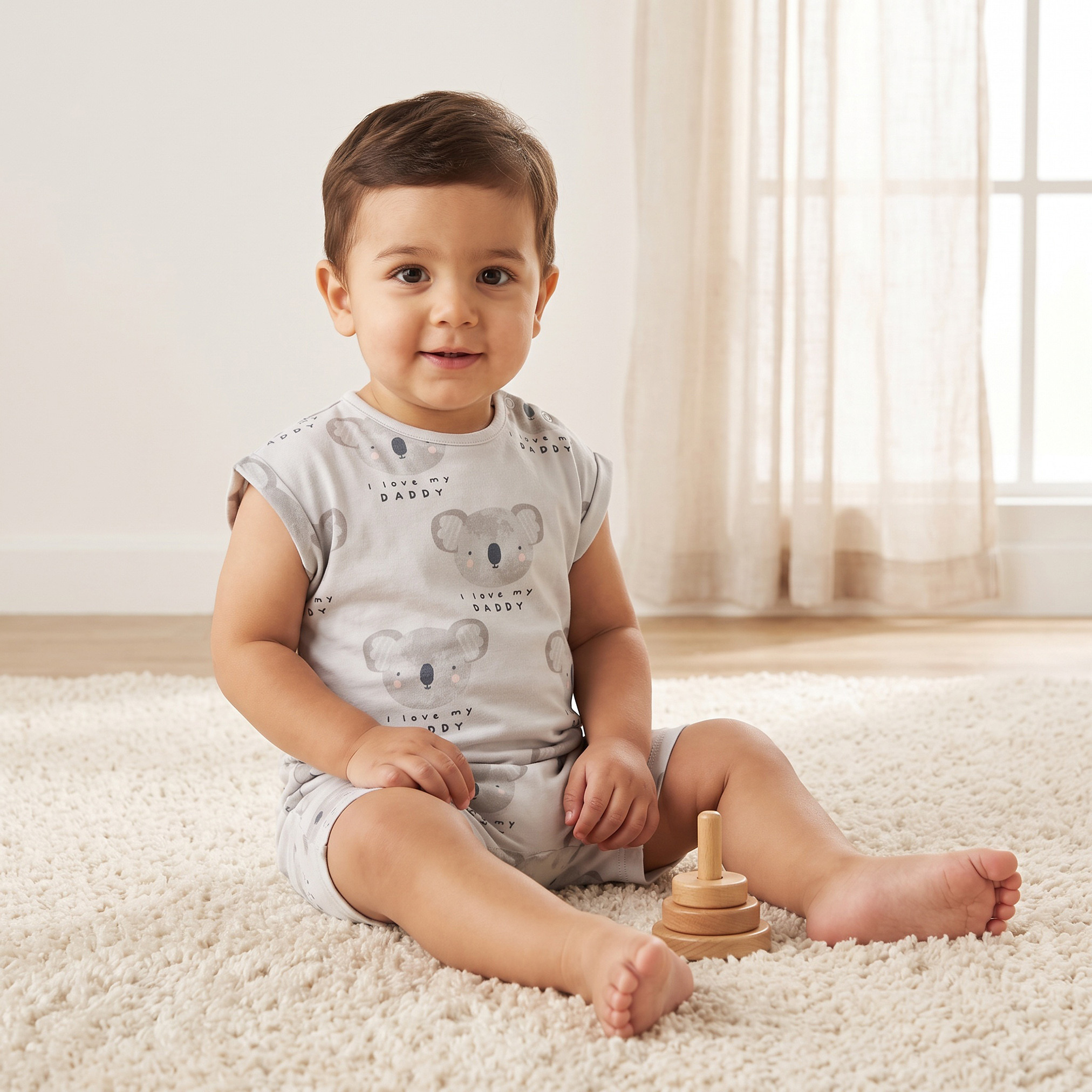 Juniors Crew Neck Cap Sleeves Romper with Koala Print-baby-boys-clothing-rompers-image-1