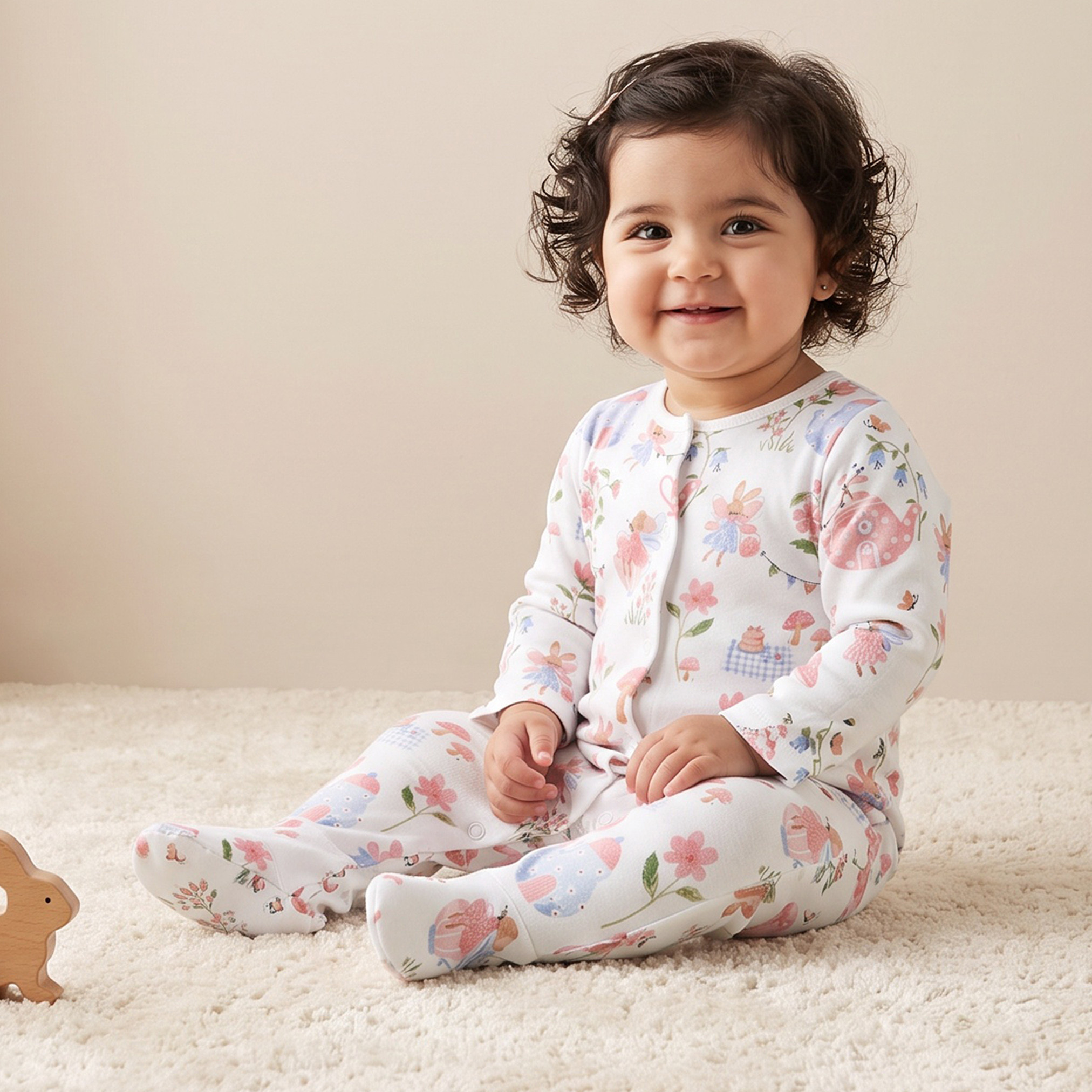 Juniors Round Neck Footed Sleepsuit with Floral Print - Cotton - Long Sleeves-baby-girls-clothing-nightwear-sleepsuits-image-1