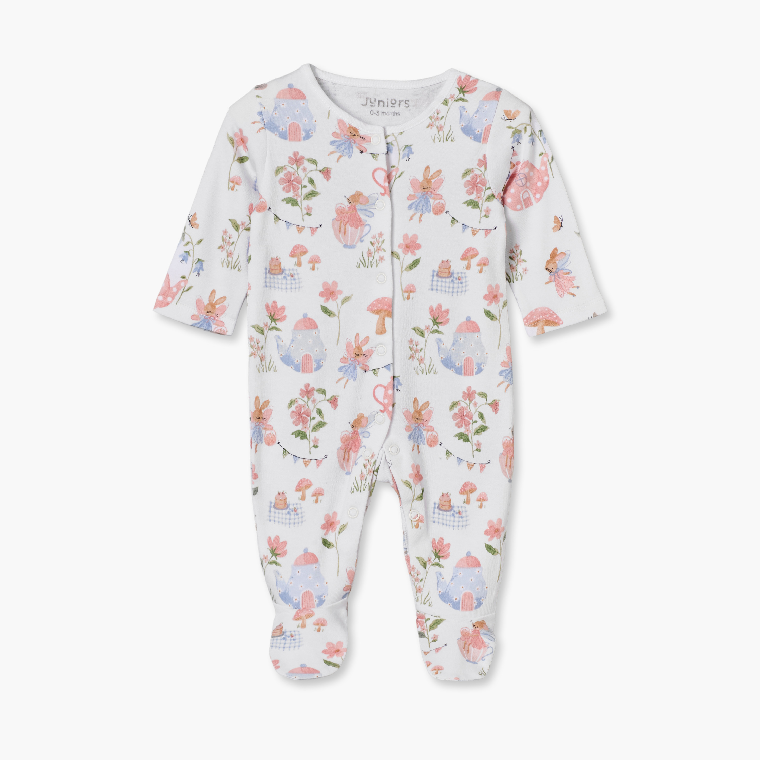 Juniors Round Neck Footed Sleepsuit with Floral Print - Cotton - Long Sleeves-baby-girls-clothing-nightwear-sleepsuits-image-2