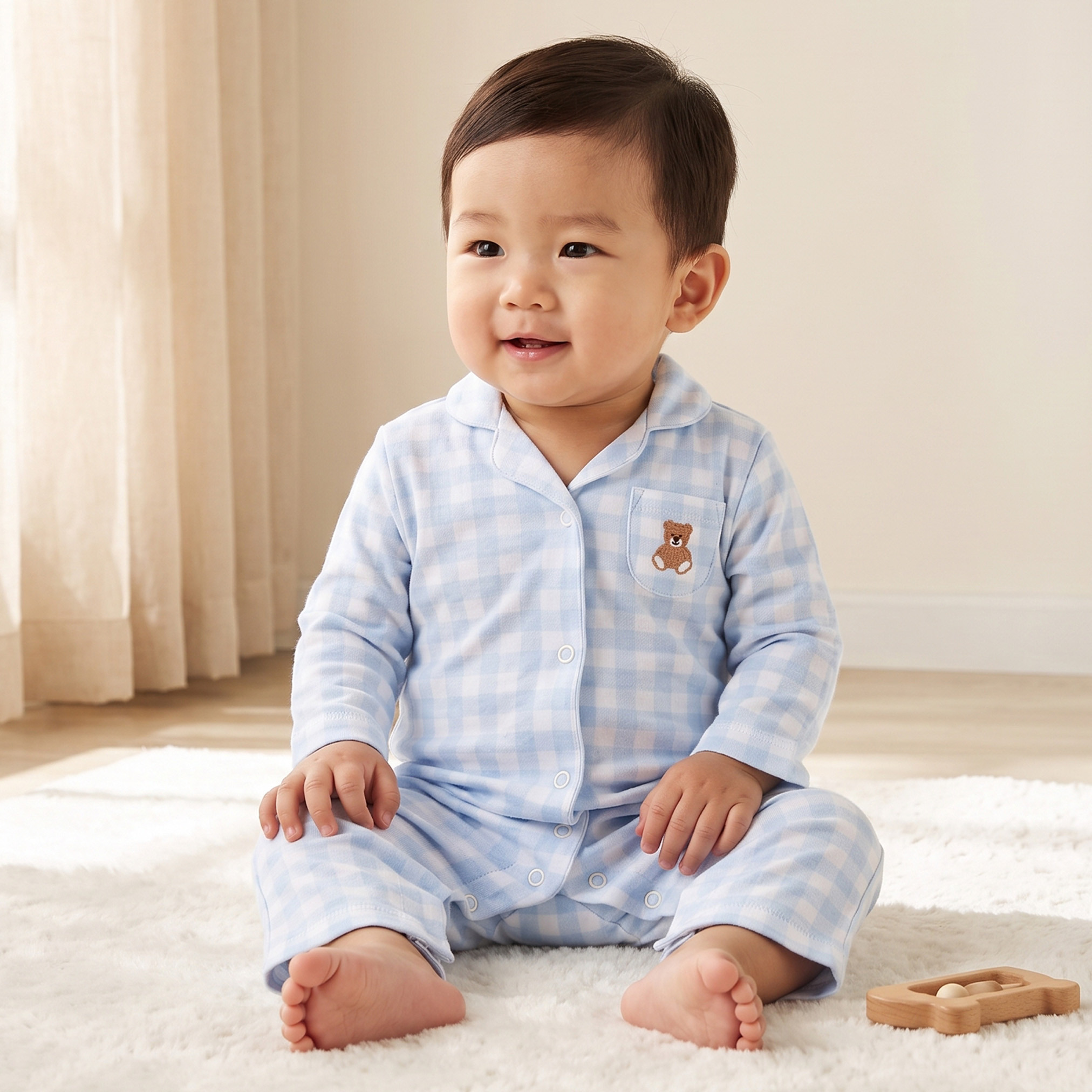 بدلة نوم قطن كاروهات بياقة وأكمام طويلة من جونيورز-baby-boys-clothing-nightwear-sleepsuits-image-1