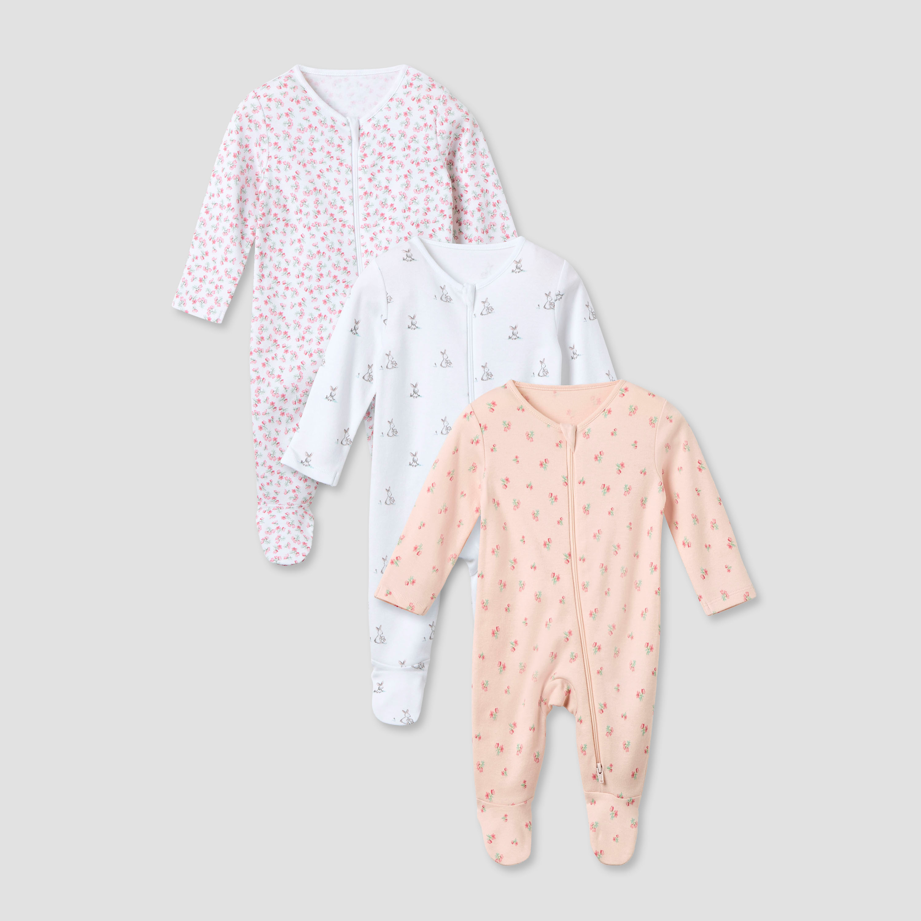Juniors Printed Sleepsuit with Long Sleeves and Zip Closure - Set of 3-baby-girls-clothing-nightwear-sleepsuits-image-1