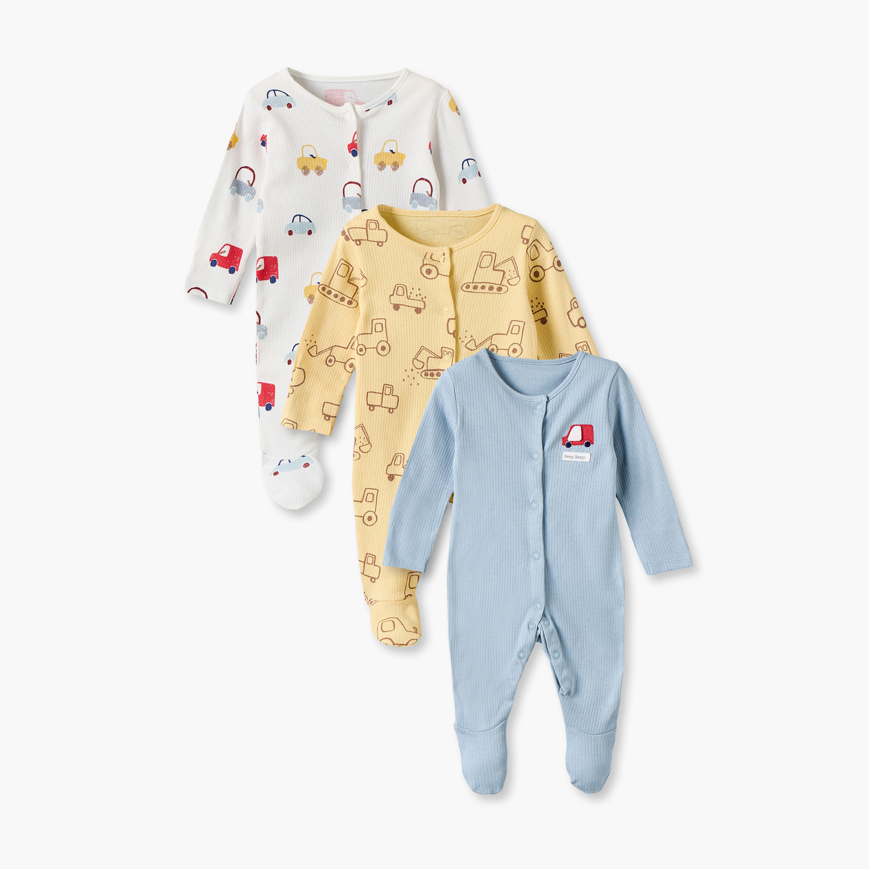 Pack of 3 Juniors Cotton Crew Neck Long Sleeves Sleepsuit Set with Vehicle Print-baby-boys-clothing-nightwear-sleepsuits-image-1