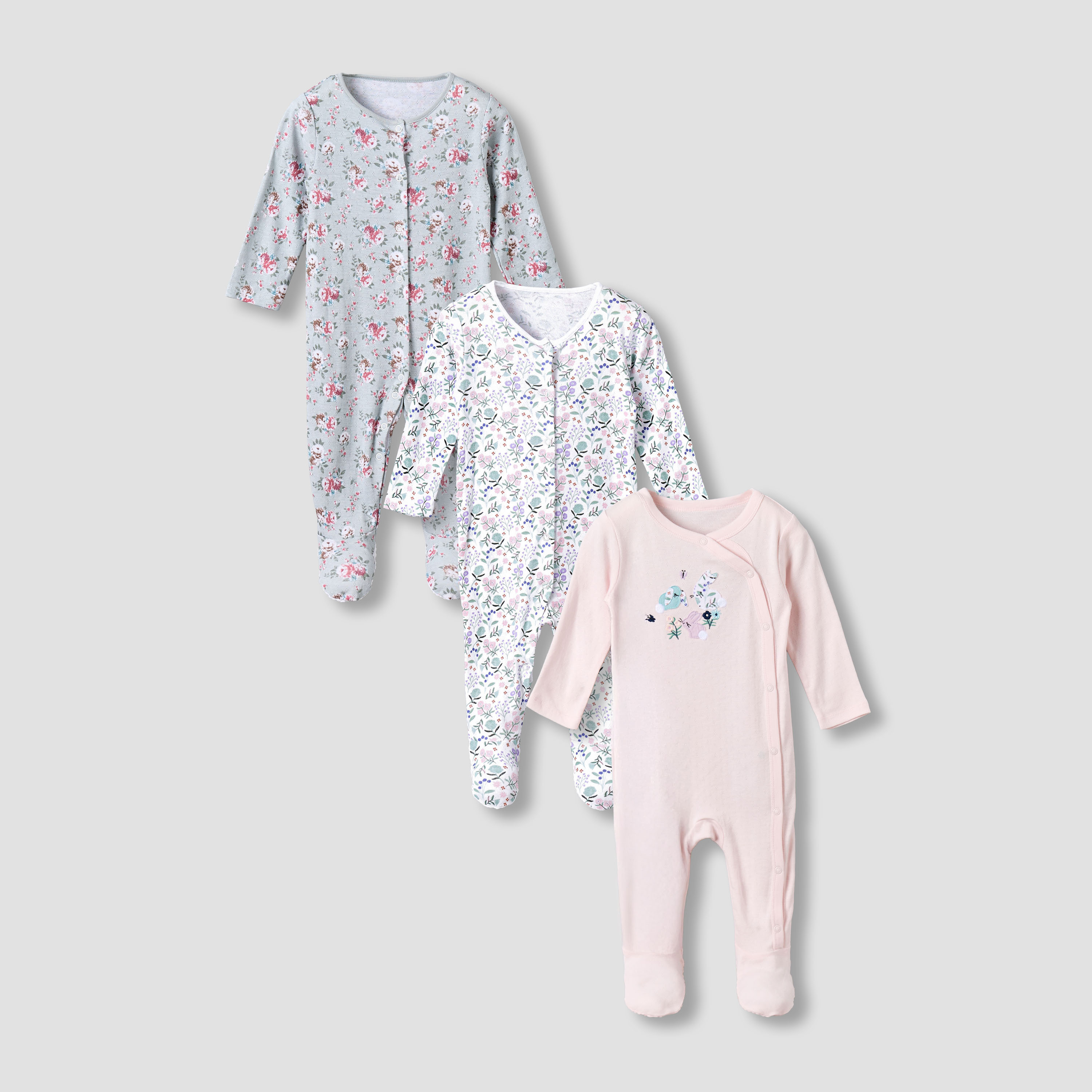 Pack of 3 Juniors Cotton Round Neck Long Sleeves Sleepsuit with Floral Print-promo_babyshop_Buy2for115_QAT130126-image-1