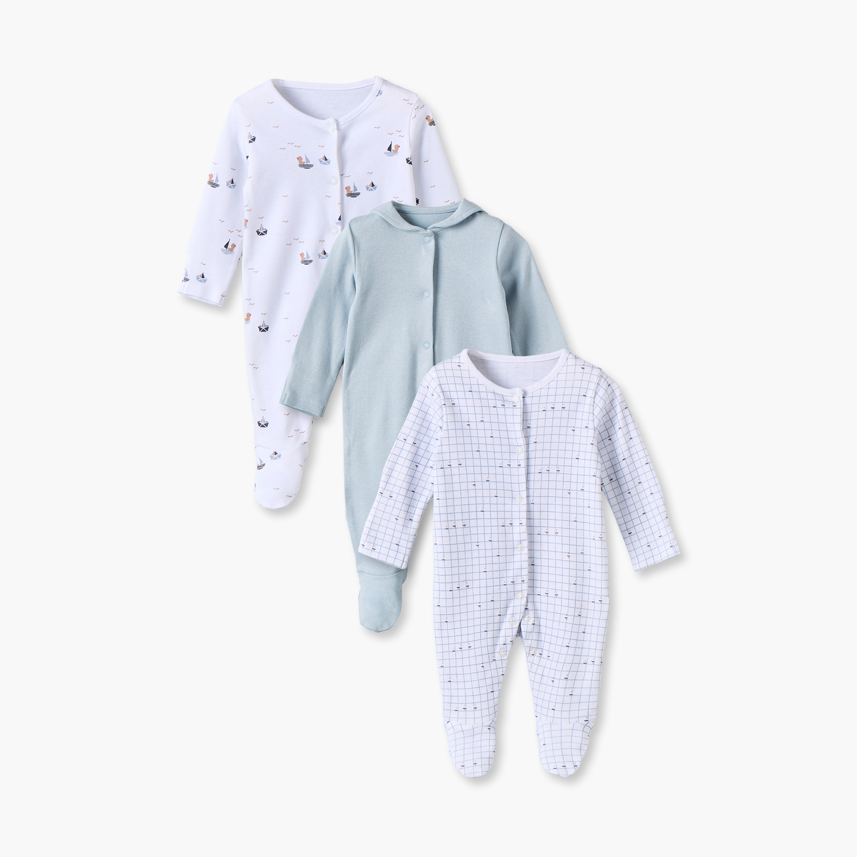 Pack of 3 Juniors Cotton Crew Neck Long Sleeves Sleepsuit Set with Nautical Print-baby-boys-clothing-nightwear-sleepsuits-image-1