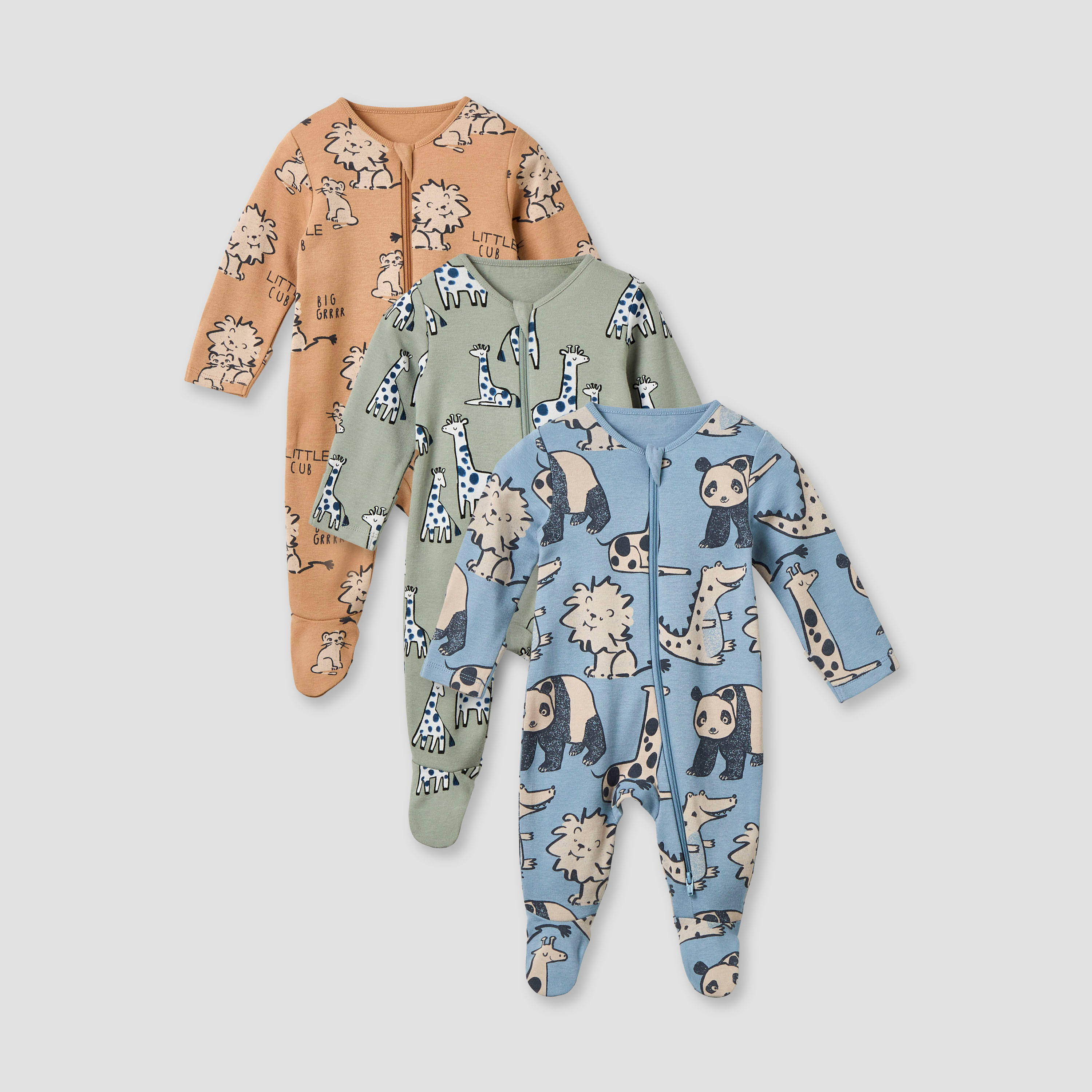 بدلات نوم بطبعات حيوانات وأكمام طويلة وسحاب إغلاق من جونيورز - طقم 3 قطع-baby-boys-clothing-nightwear-sleepsuits-image-1