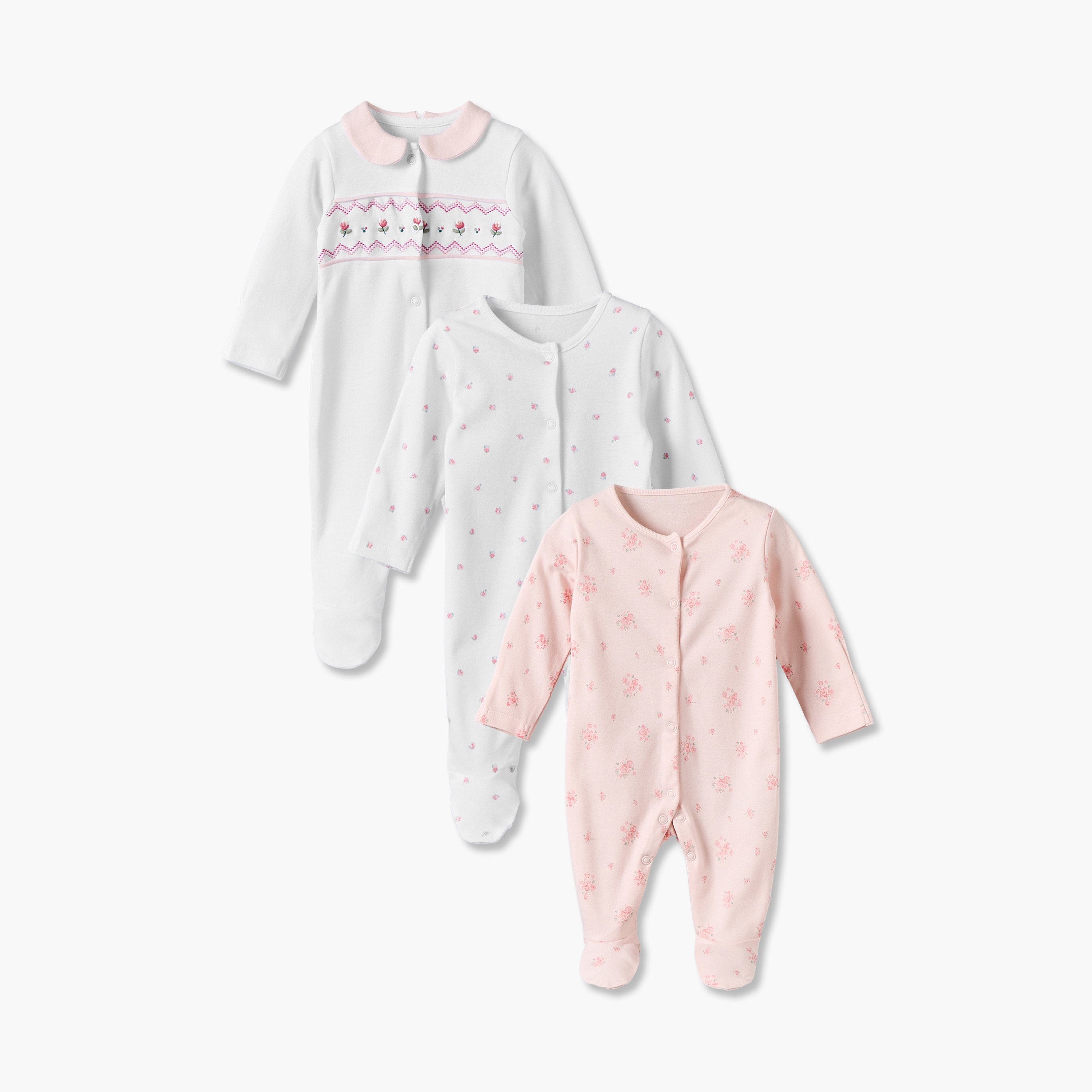 طقم بدلة نوم قطني بياقة مستديرة وأكمام طويلة بطبعة زهور من جونيورز - 3 قطع-baby-girls-clothing-nightwear-sleepsuits-image-1