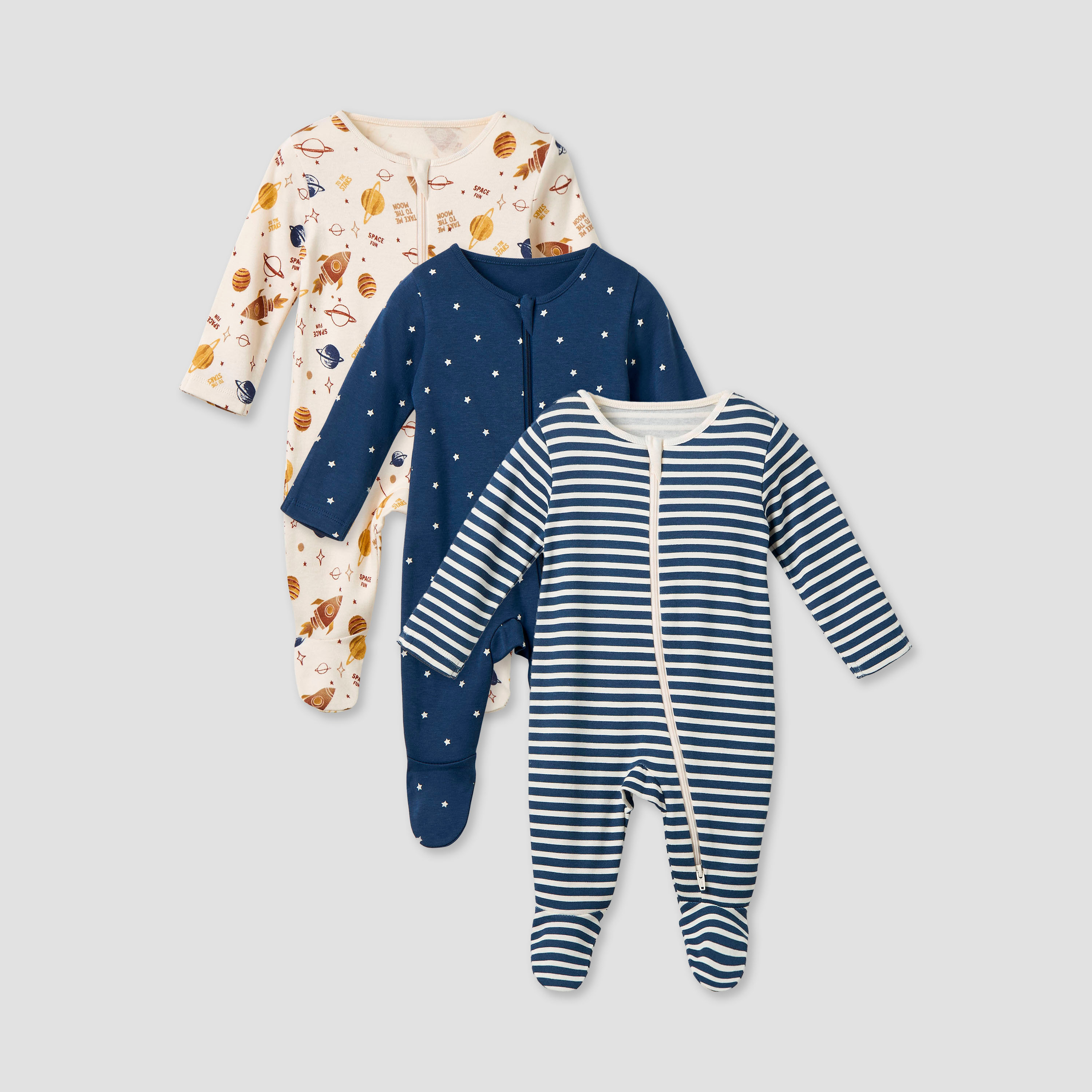 Juniors Printed Sleepsuit with Long Sleeves and Zip Closure - Set of 3-baby-boys-clothing-nightwear-sleepsuits-image-1