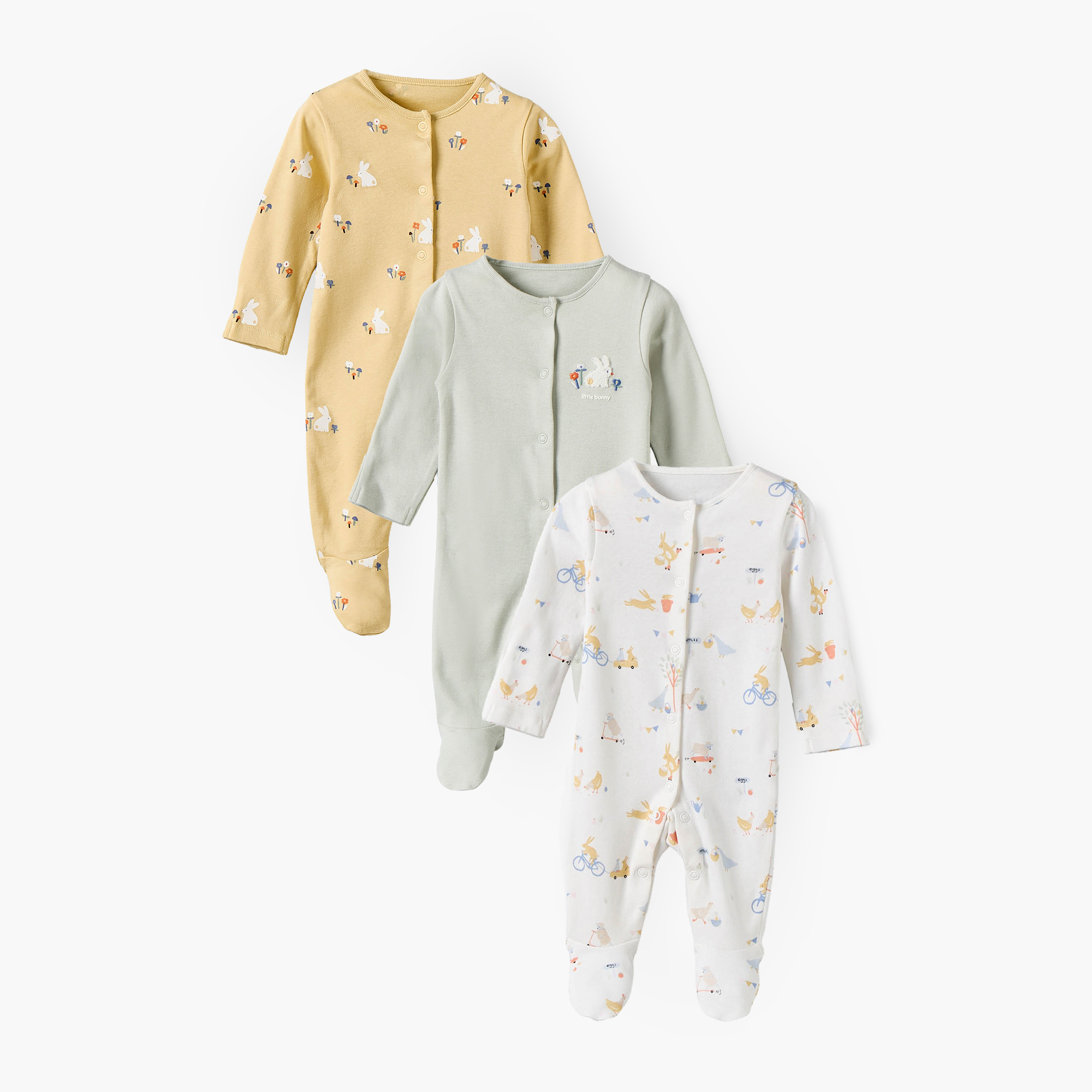 Pack of 3 Juniors Cotton Crew Neck Long Sleeves Sleepsuit with Bunny Print-baby-girls-clothing-nightwear-sleepsuits-image-1