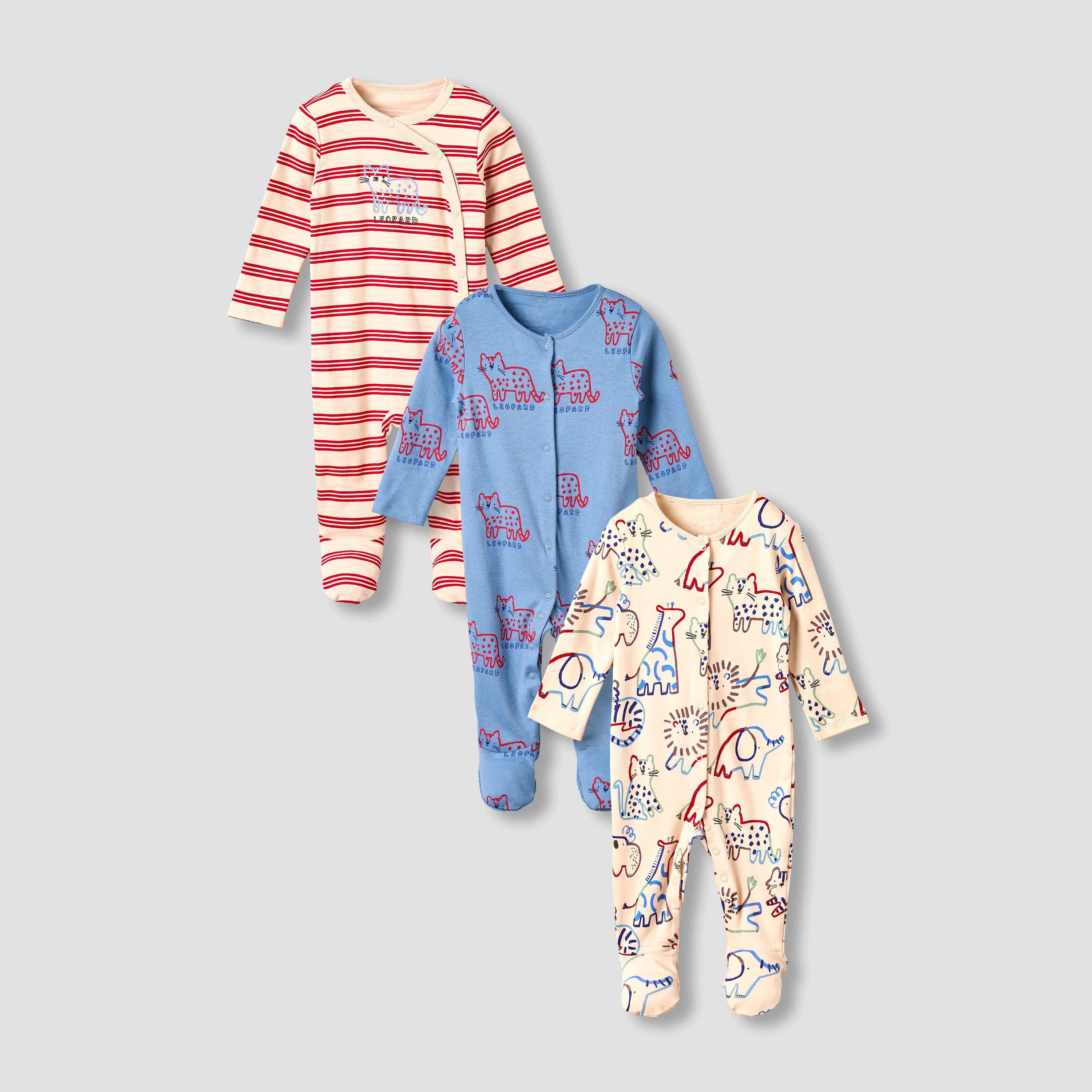 Pack of 3 Juniors Cotton Round Neck Long Sleeves Sleepsuit with Animal Print-baby-boys-clothing-nightwear-sleepsuits-image-1