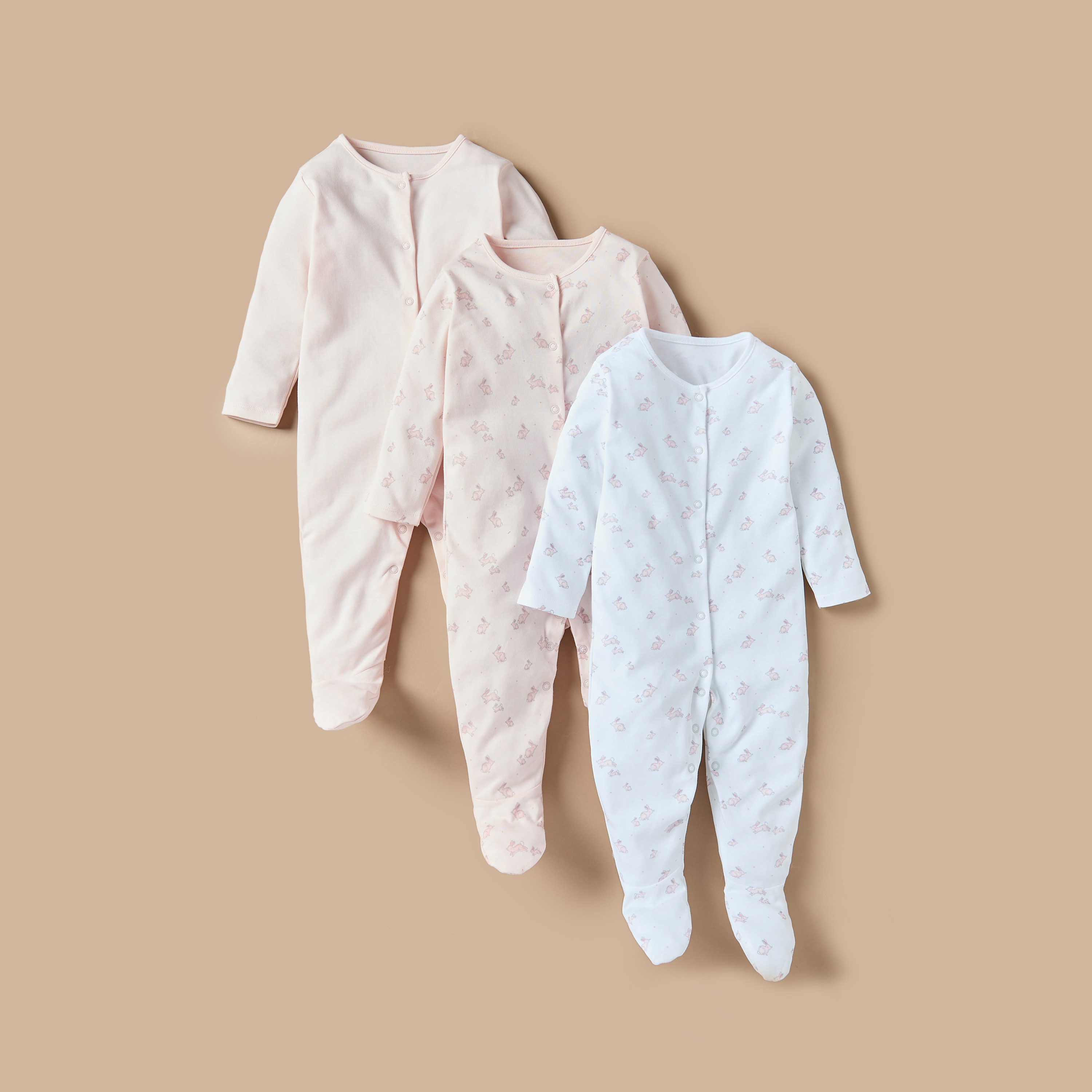 Juniors Bunny Print Footed Sleepsuit with Long Sleeves - Set of 3-baby-girls-clothing-nightwear-sleepsuits-image-1