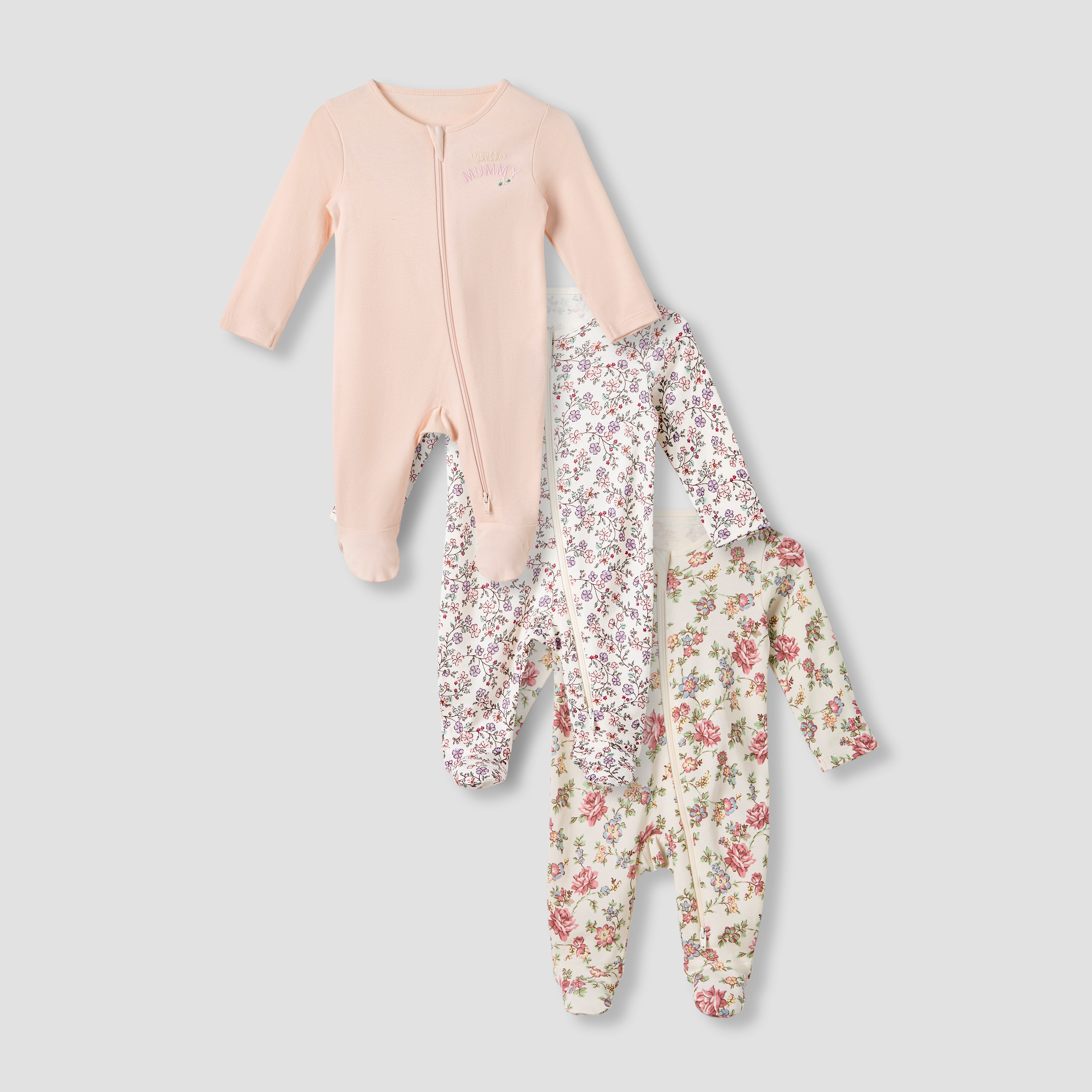 Juniors Round Neck Sleepsuit with Closed Feet - Cotton - Long Sleeves - Set of 3-baby-girls-clothing-nightwear-sleepsuits-image-1