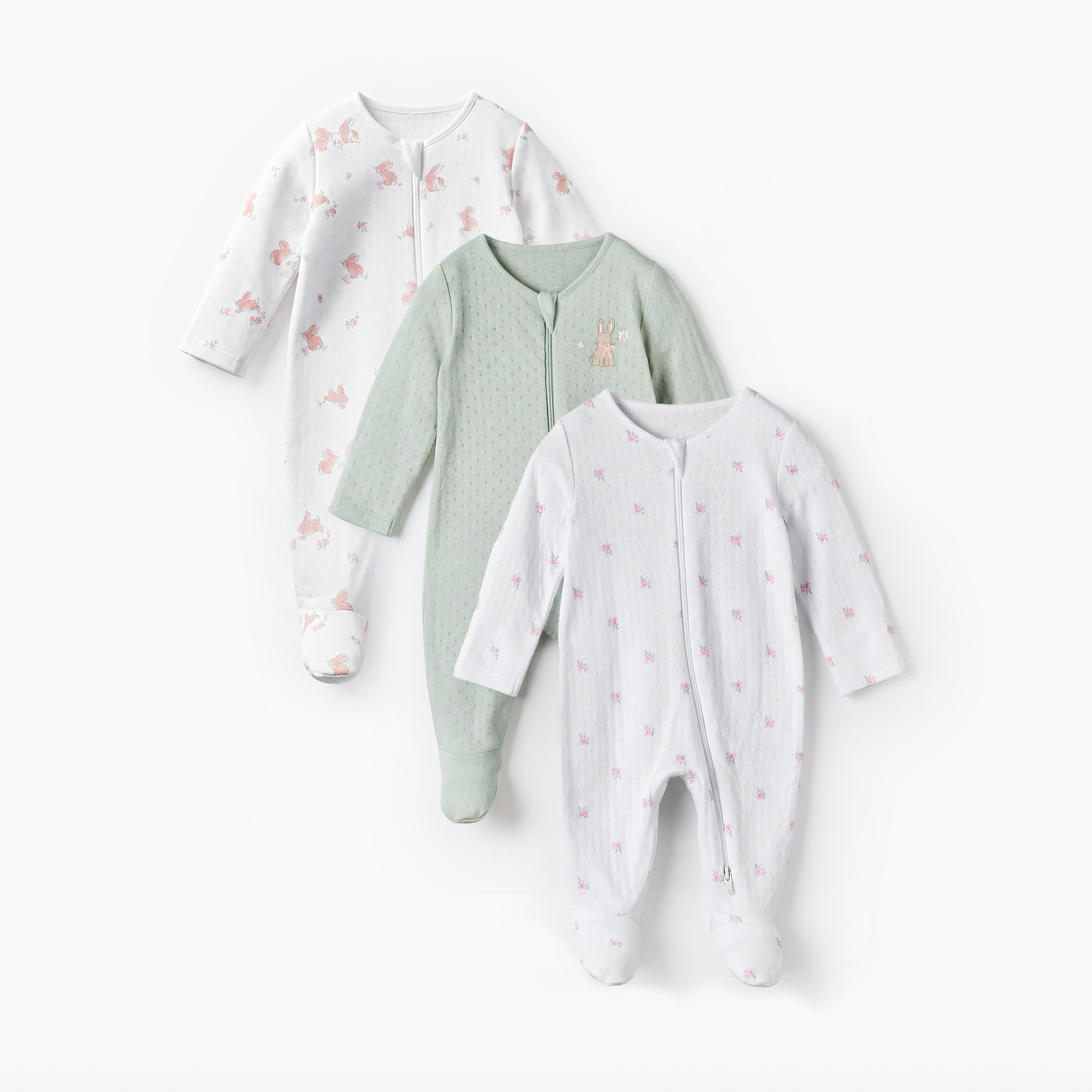 Pack of 3 Juniors Cotton Round Neck Long Sleeve Sleepsuit with Zip Closure-baby-girls-clothing-nightwear-sleepsuits-image-1