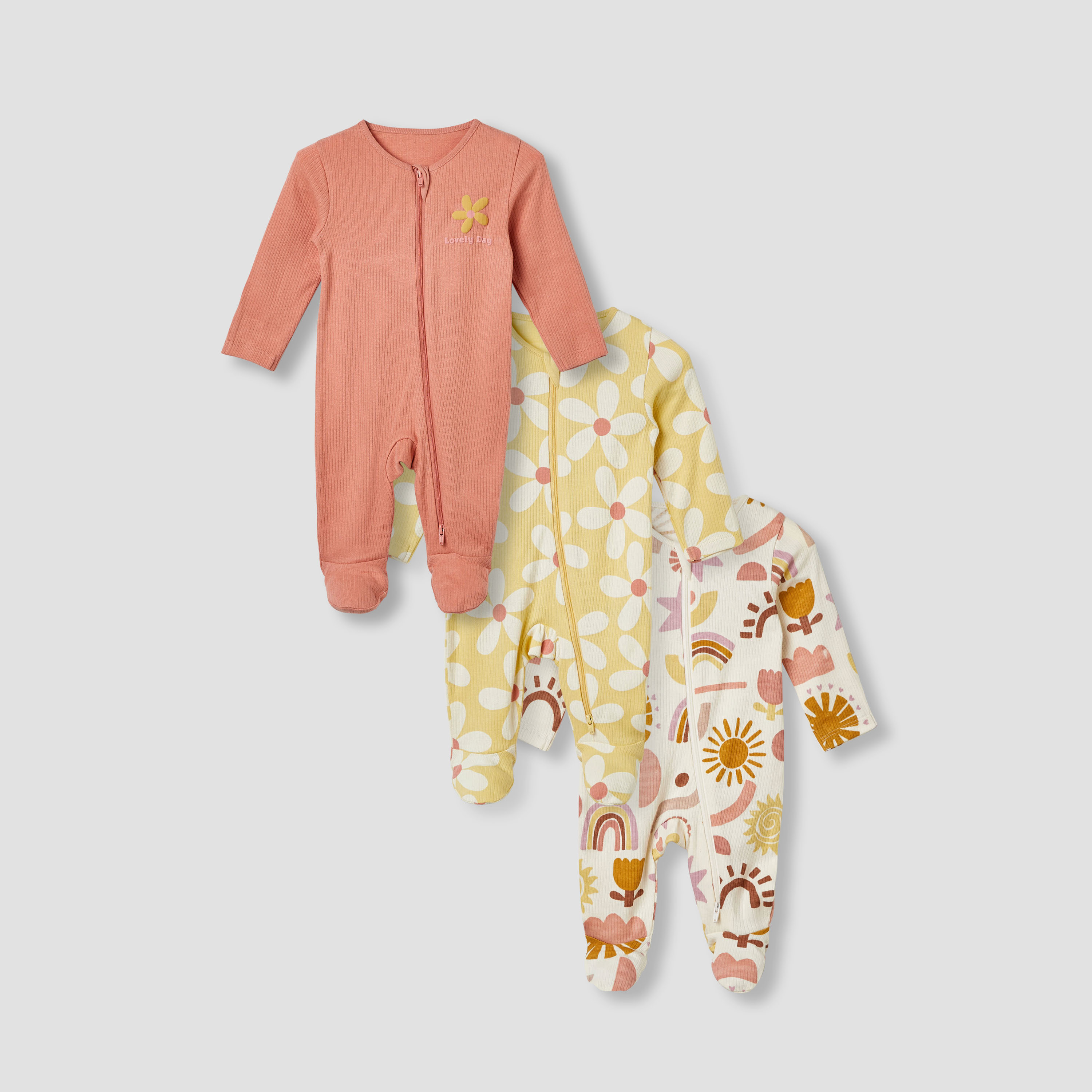 Juniors Round Neck Sleepsuit with Closed Feet - Cotton - Long Sleeves - Set of 3-baby-girls-clothing-nightwear-sleepsuits-image-1