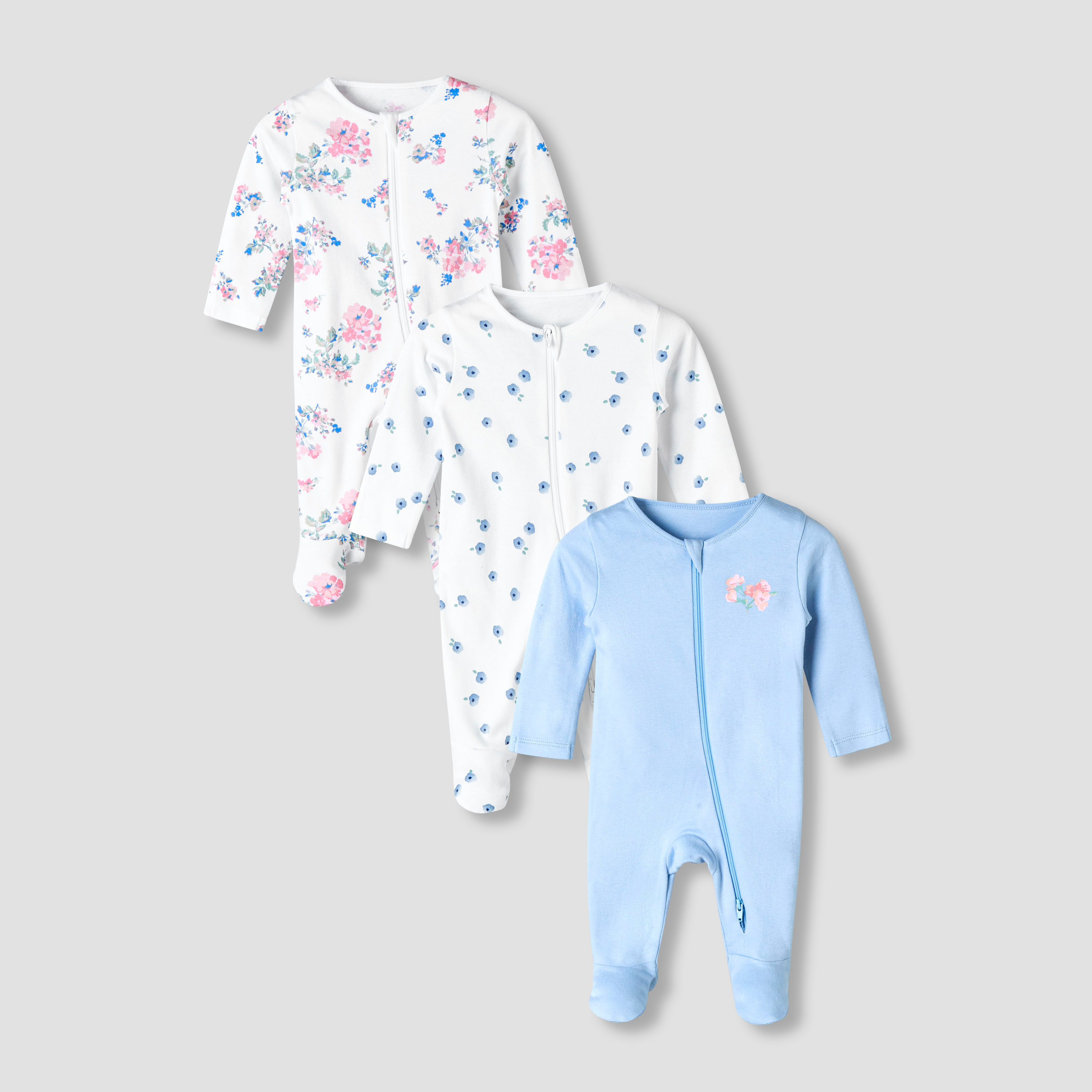 Pack of 3 Juniors Organic Cotton Crew Neck Long Sleeves Sleepsuit with Floral Print-baby-girls-clothing-nightwear-sleepsuits-image-1