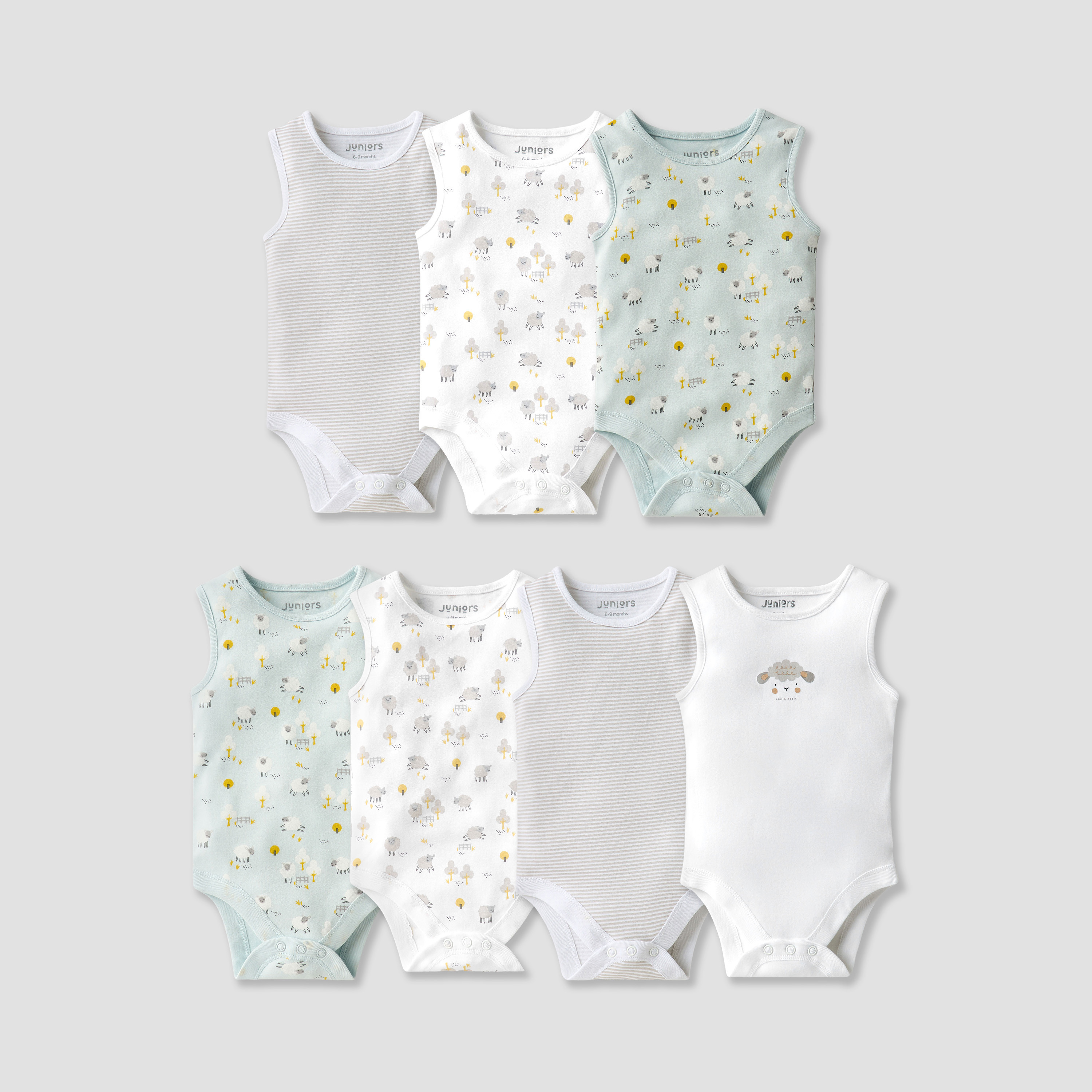Juniors Printed Sleeveless Bodysuit with Button Closure - Set of 7-baby-boys-clothing-bodysuits-image-1