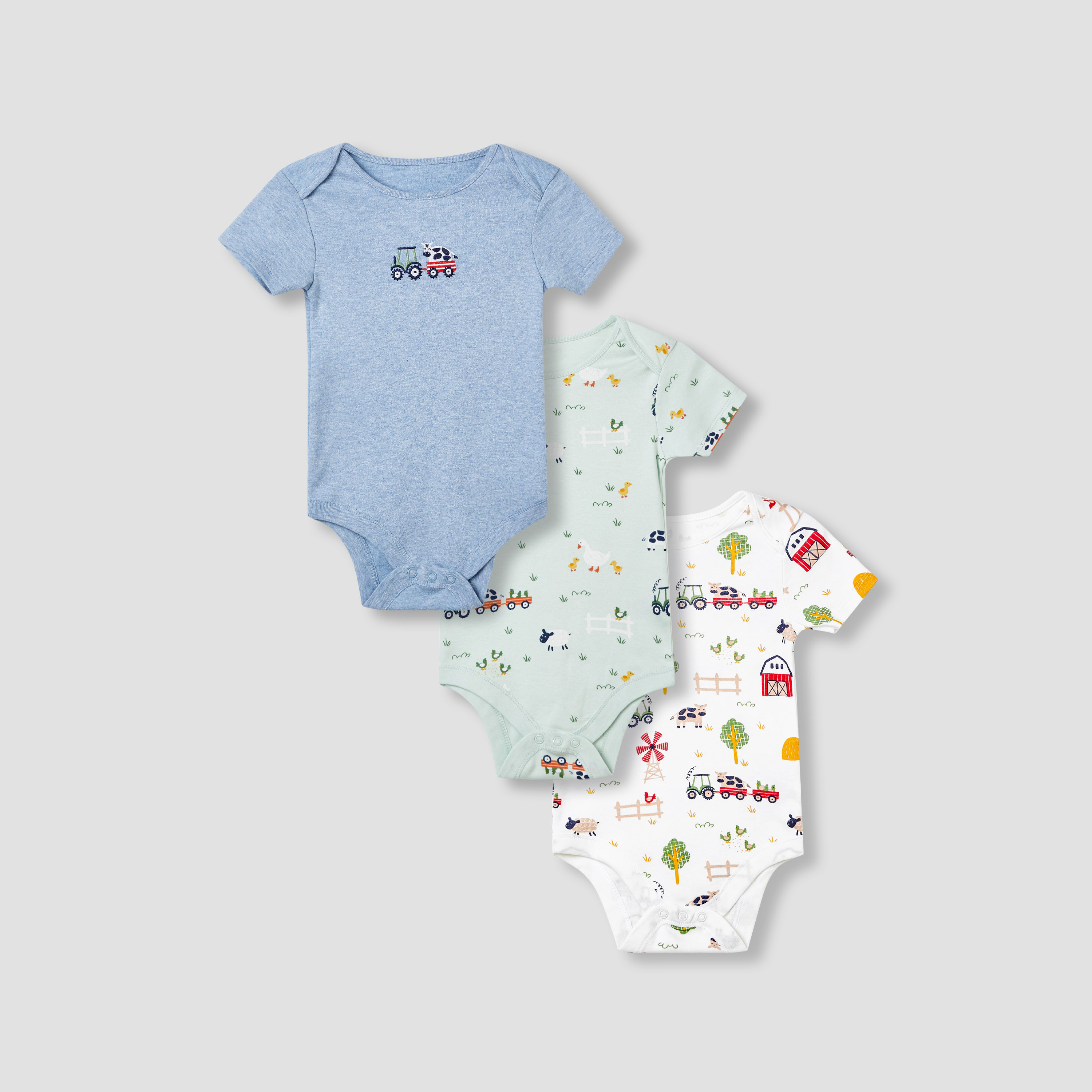 Juniors Farm Print Bodysuit with Short Sleeves and Button Closure - Set of 3-baby-boys-clothing-multipacks-image-1