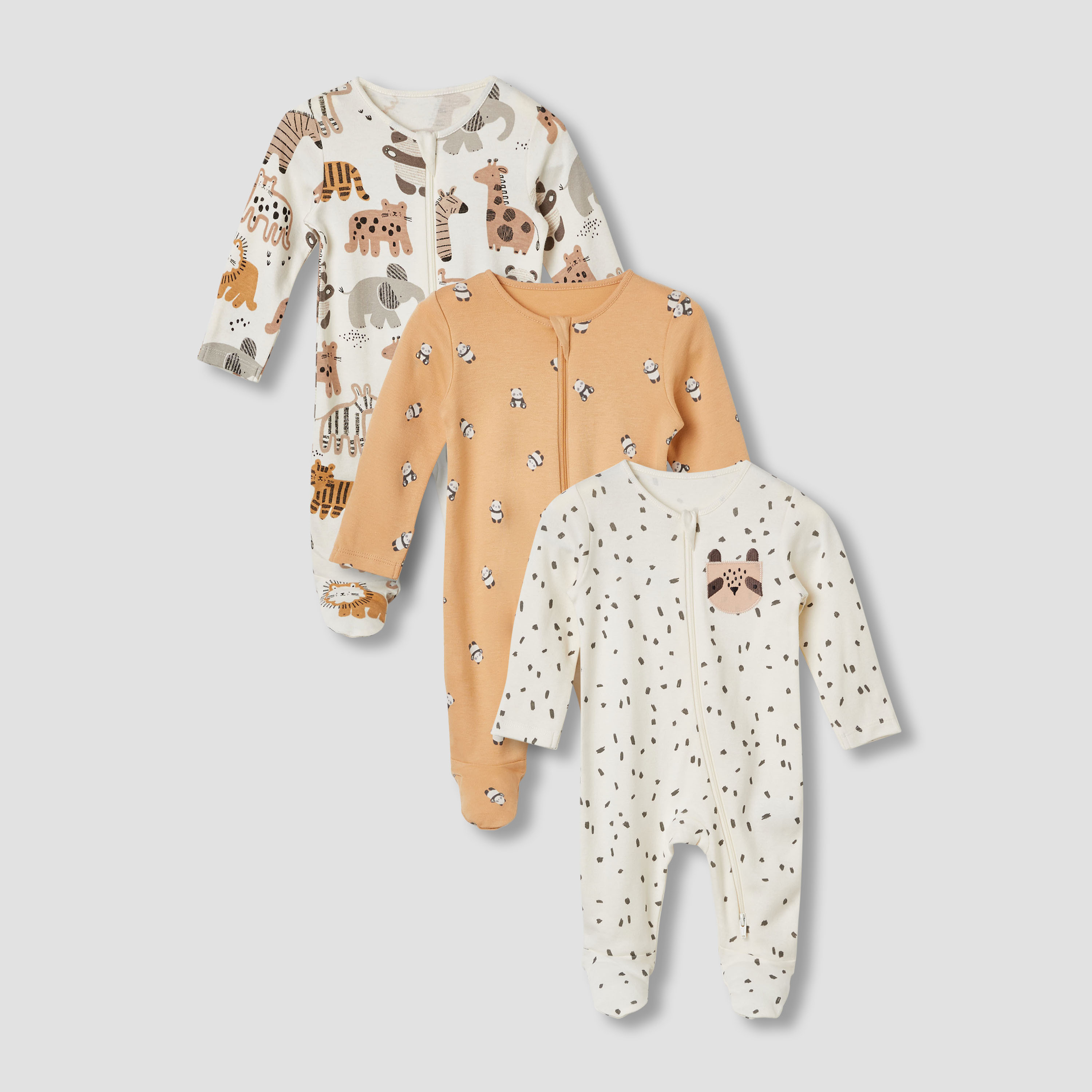 Juniors Cotton Round Neck Long Sleeves Sleepsuit with Safari Print, Set of 3-baby-boys-clothing-nightwear-sleepsuits-image-1