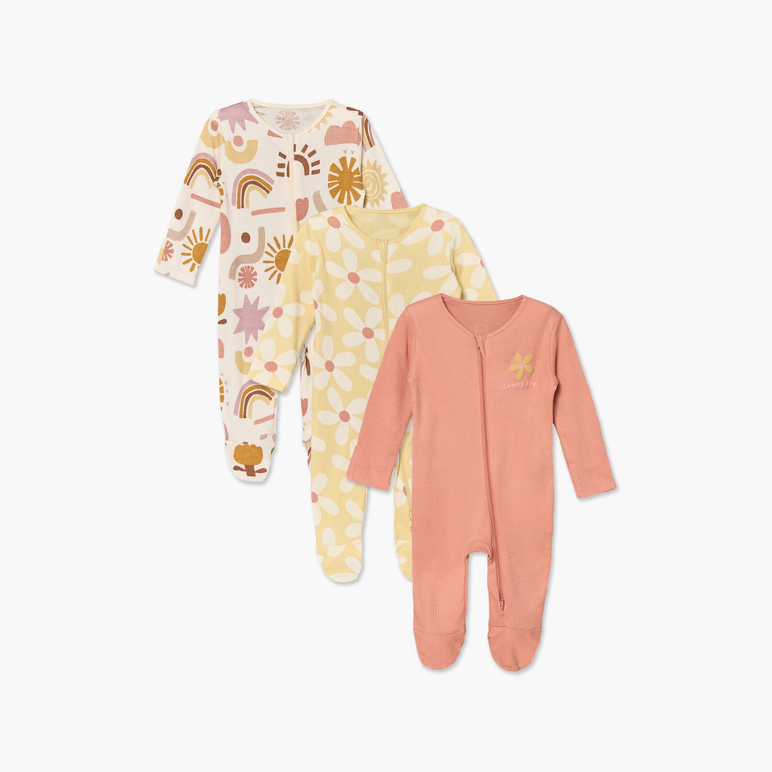 Pack of 3 Juniors Cotton Round Neck Long Sleeves Sleepsuit with Floral Print-baby-girls-clothing-nightwear-sleepsuits-image-1