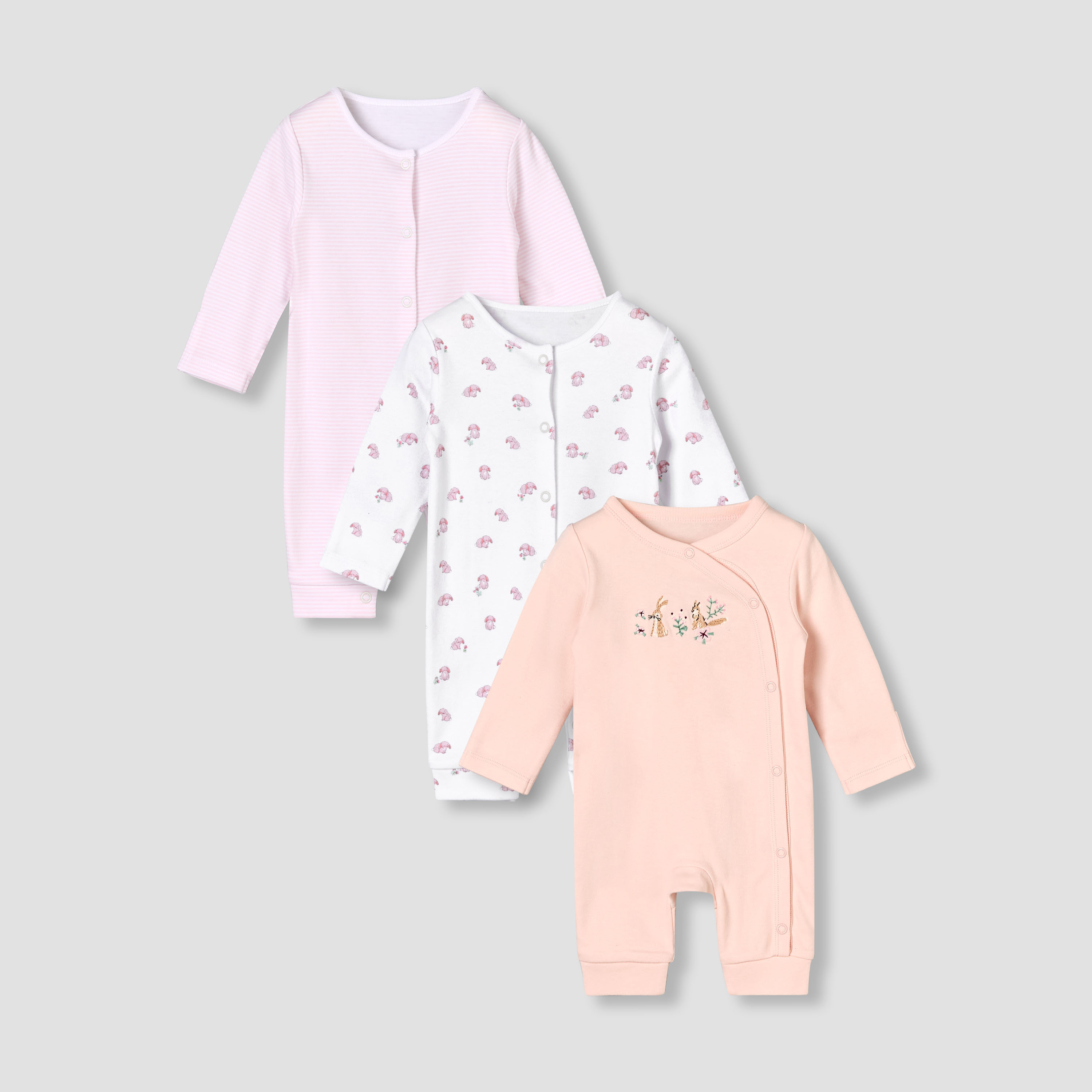 Pack of 3 Juniors Round Neck Long Sleeves Sleepsuit with Button Closure-baby-girls-clothing-nightwear-sleepsuits-image-1