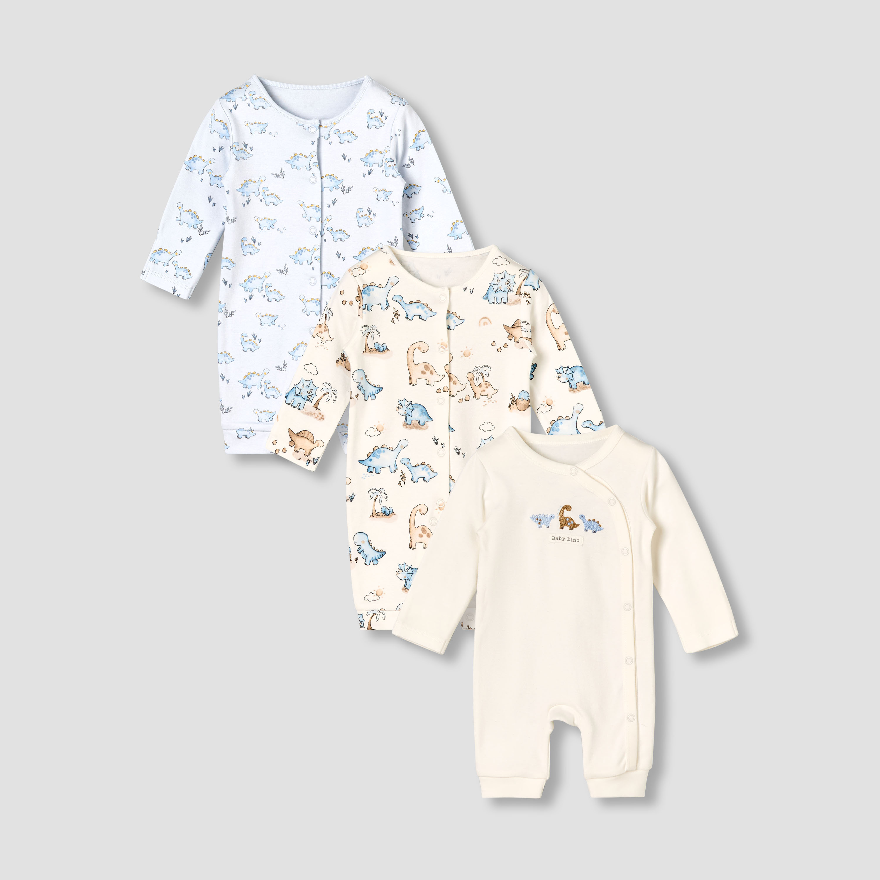Pack of 3 Juniors Cotton Round Neck Long Sleeves Sleepsuit with Dinosaur Print-baby-boys-clothing-nightwear-sleepsuits-image-1
