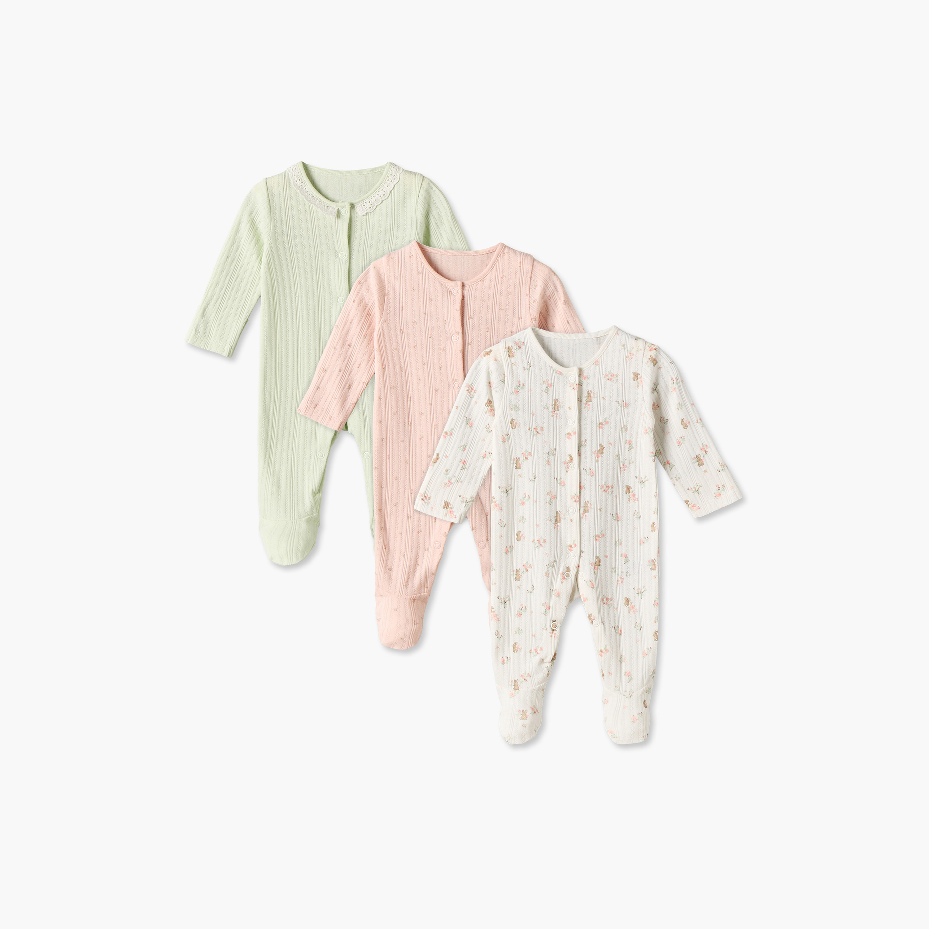 Pack of 3 Juniors Cotton Crew Neck Long Sleeves Sleepsuit with Floral Print-baby-girls-clothing-nightwear-sleepsuits-image-1