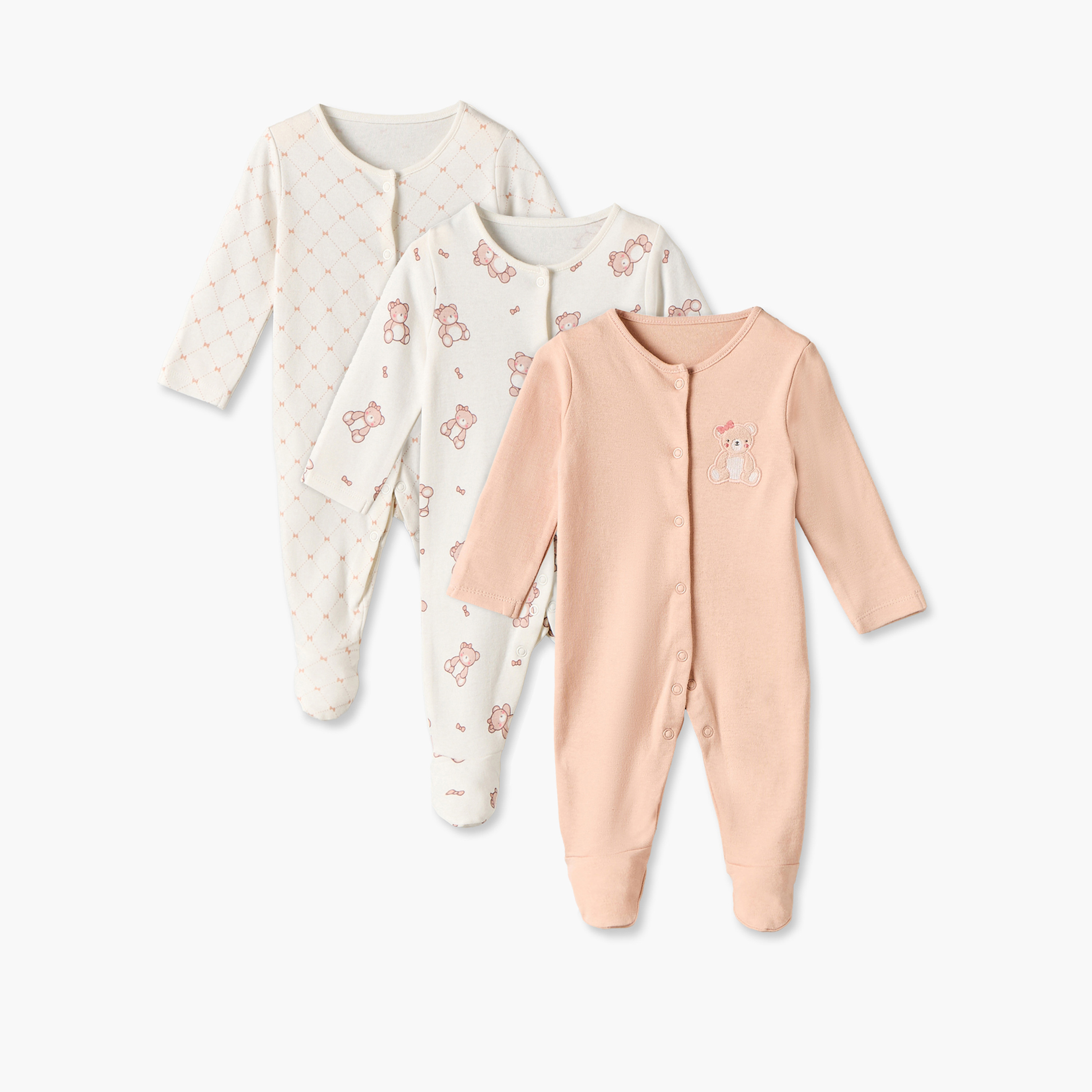 Pack of 3 Juniors Cotton Round Neck Long Sleeves Sleepsuit with Snap Button Closure-baby-girls-clothing-nightwear-sleepsuits-image-1