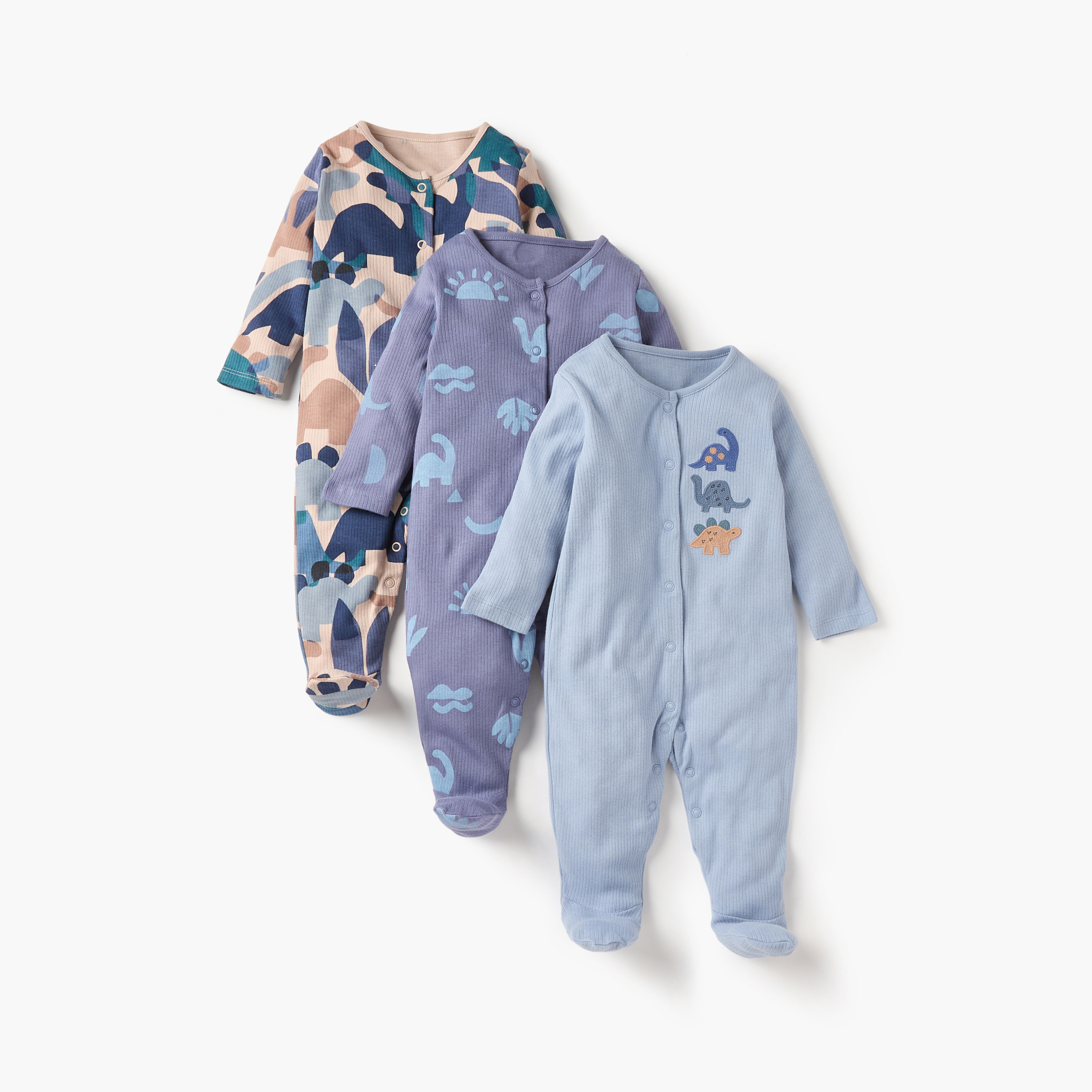 Juniors Dinosaur Print Closed Feet Sleepsuit with Snap Button Closure - Set of 3-baby-boys-clothing-nightwear-sleepsuits-image-1