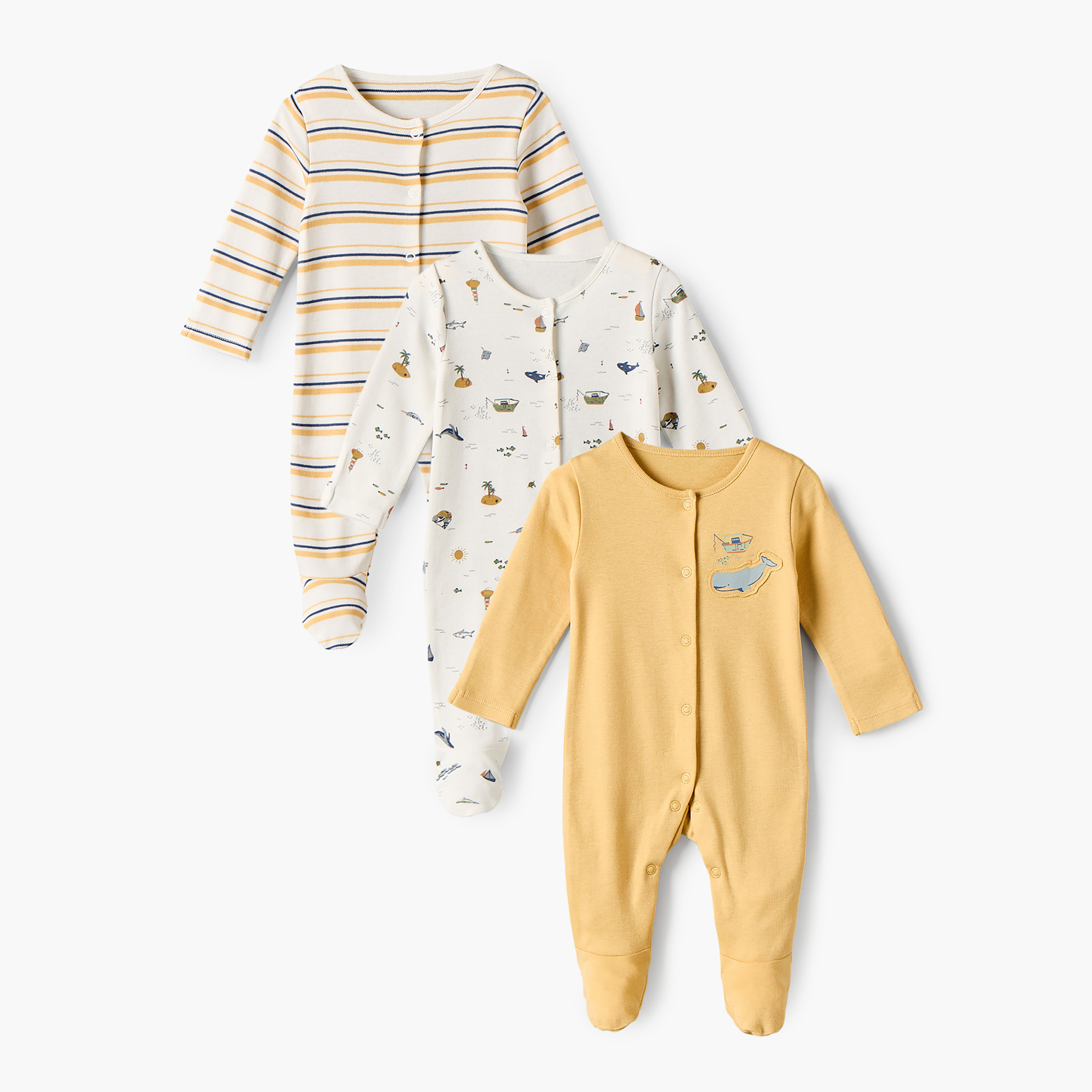 Pack of 3 Juniors Cotton Crew Neck Long Sleeves Sleepsuit with Snap Button Closure-baby-boys-clothing-nightwear-sleepsuits-image-1