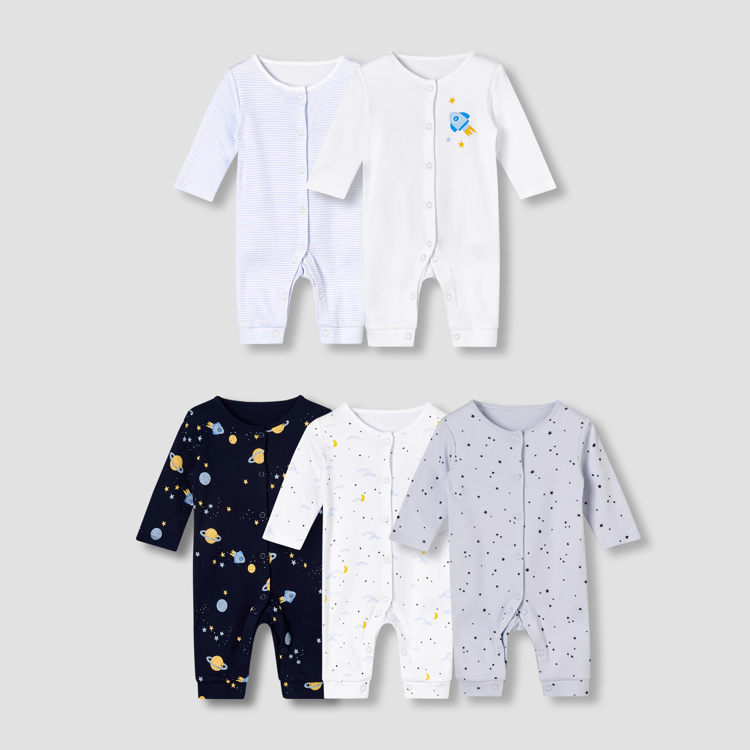 Pack of 5 Juniors Cotton Round Neck Long Sleeves Sleepsuit with Print-baby-boys-clothing-nightwear-sleepsuits-image-1