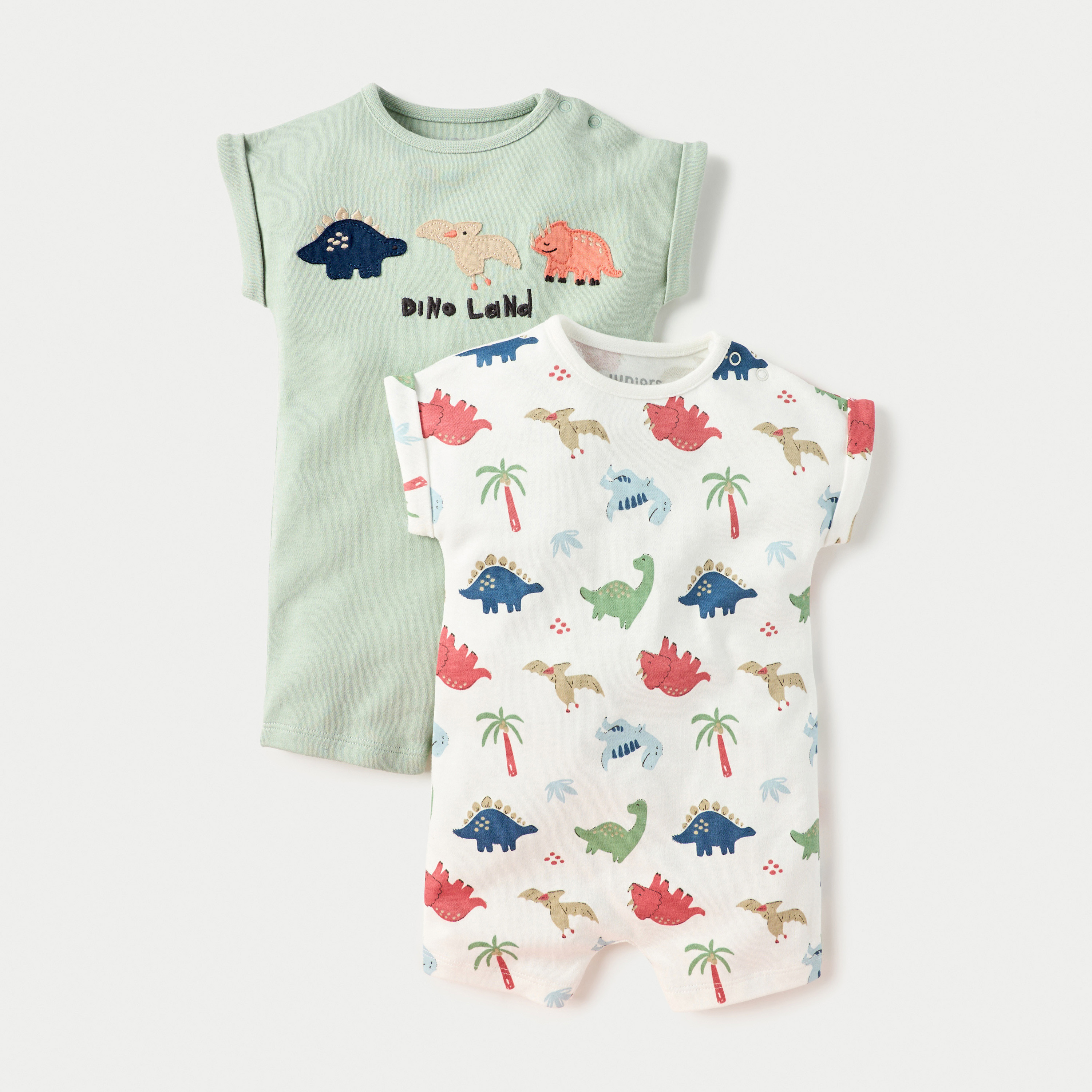 Juniors Dino Print Romper with Short Sleeves and Button Closure  - Set of 2-baby-boys-clothing-multipacks-image-1