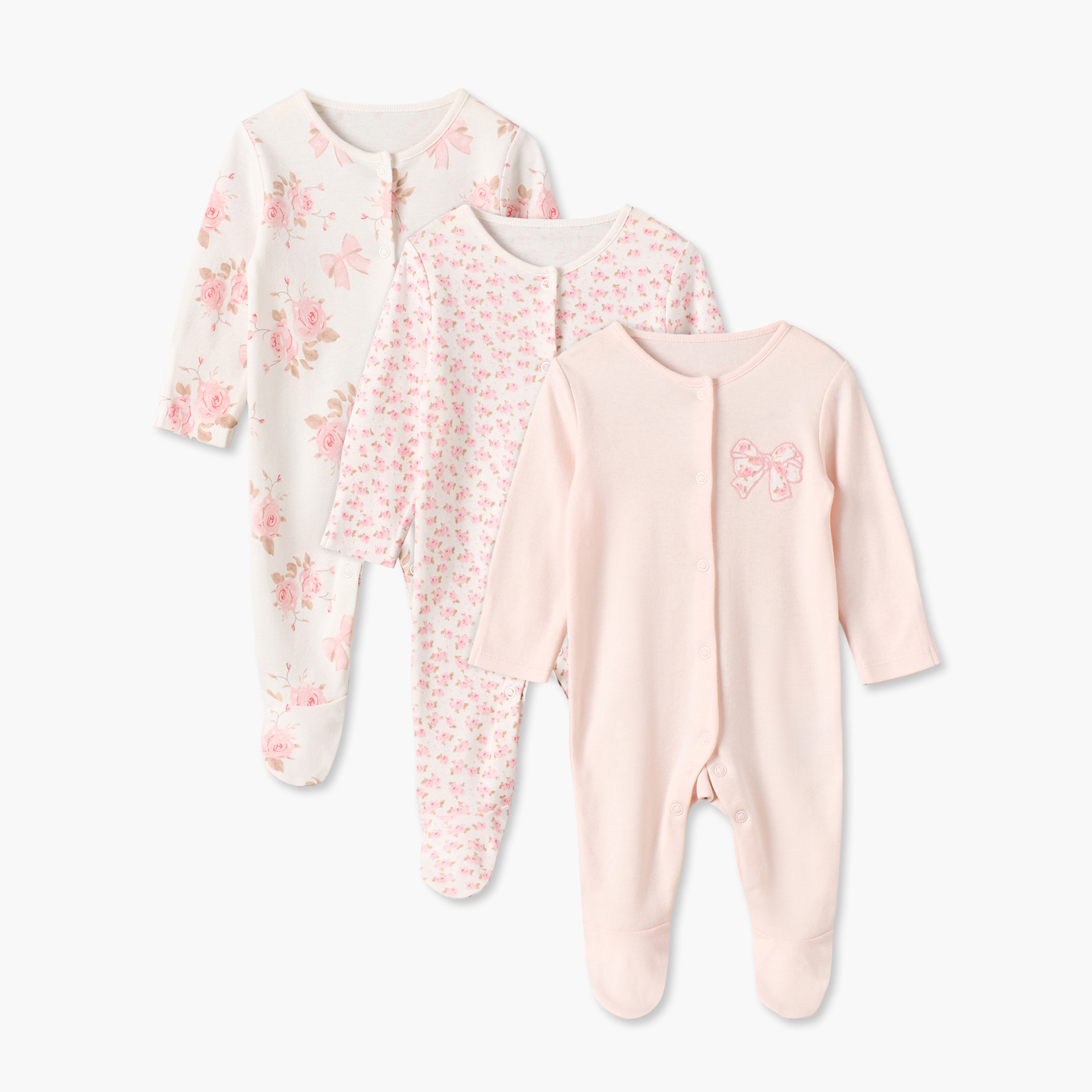 Pack of 3 Juniors Cotton Crew Neck Long Sleeves Sleepsuit with Floral Print-baby-girls-clothing-nightwear-sleepsuits-image-1
