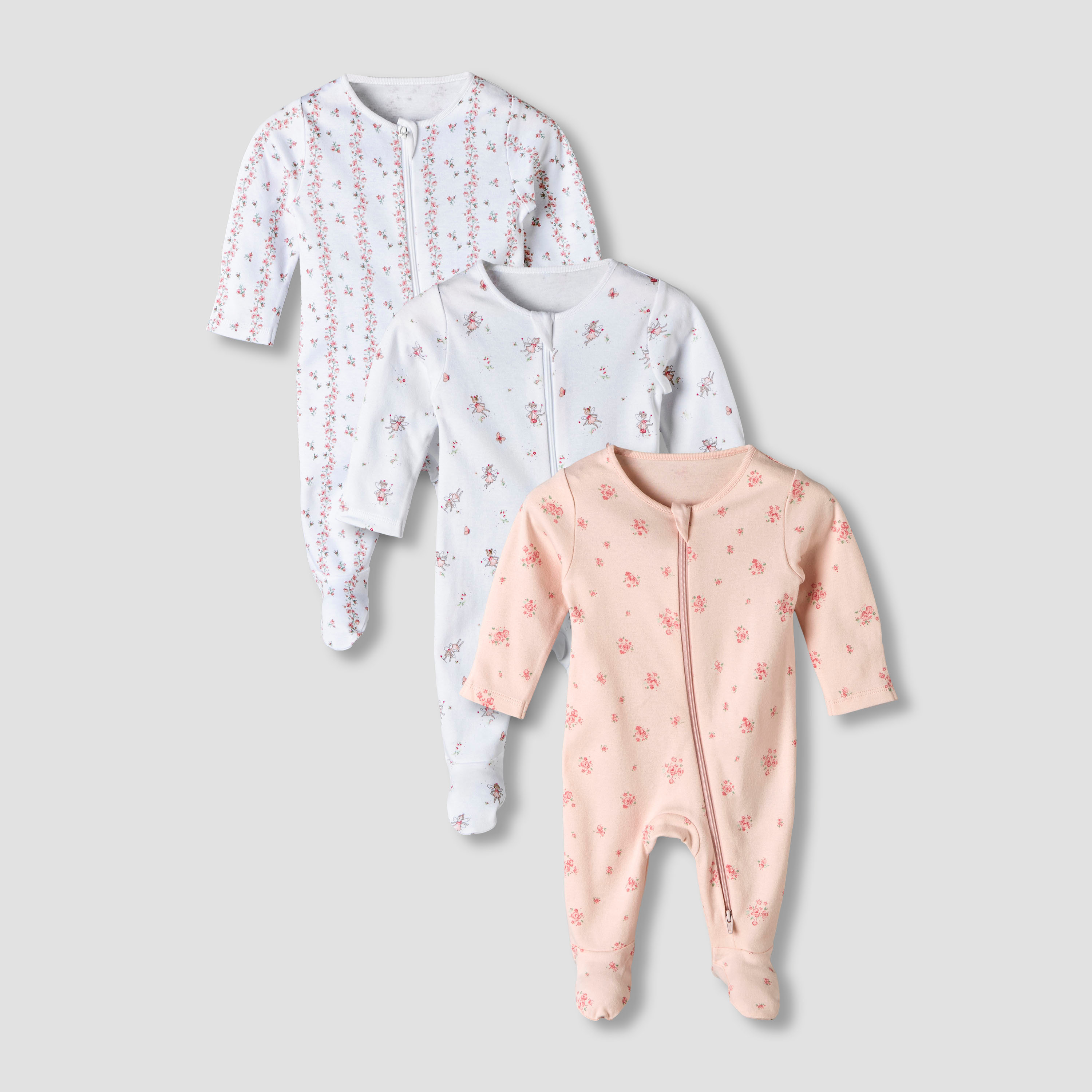 Pack of 3 Juniors Organic Cotton Round Neck Long Sleeves Sleepsuit with Floral Print-baby-girls-clothing-nightwear-sleepsuits-image-1