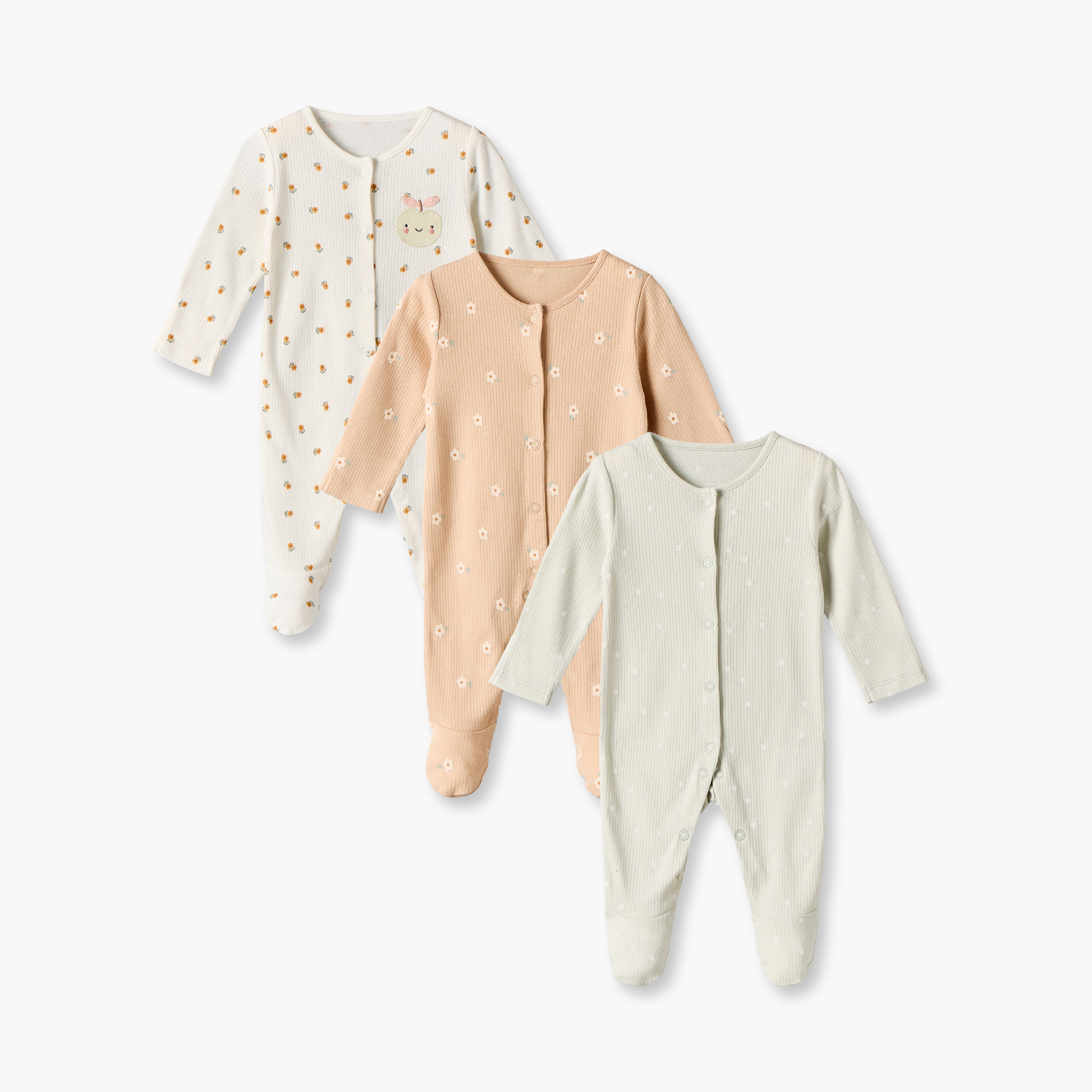 Pack of 3 Cotton Crew Neck Long Sleeves Sleepsuit with Snap Button Closure-baby-girls-clothing-nightwear-sleepsuits-image-1