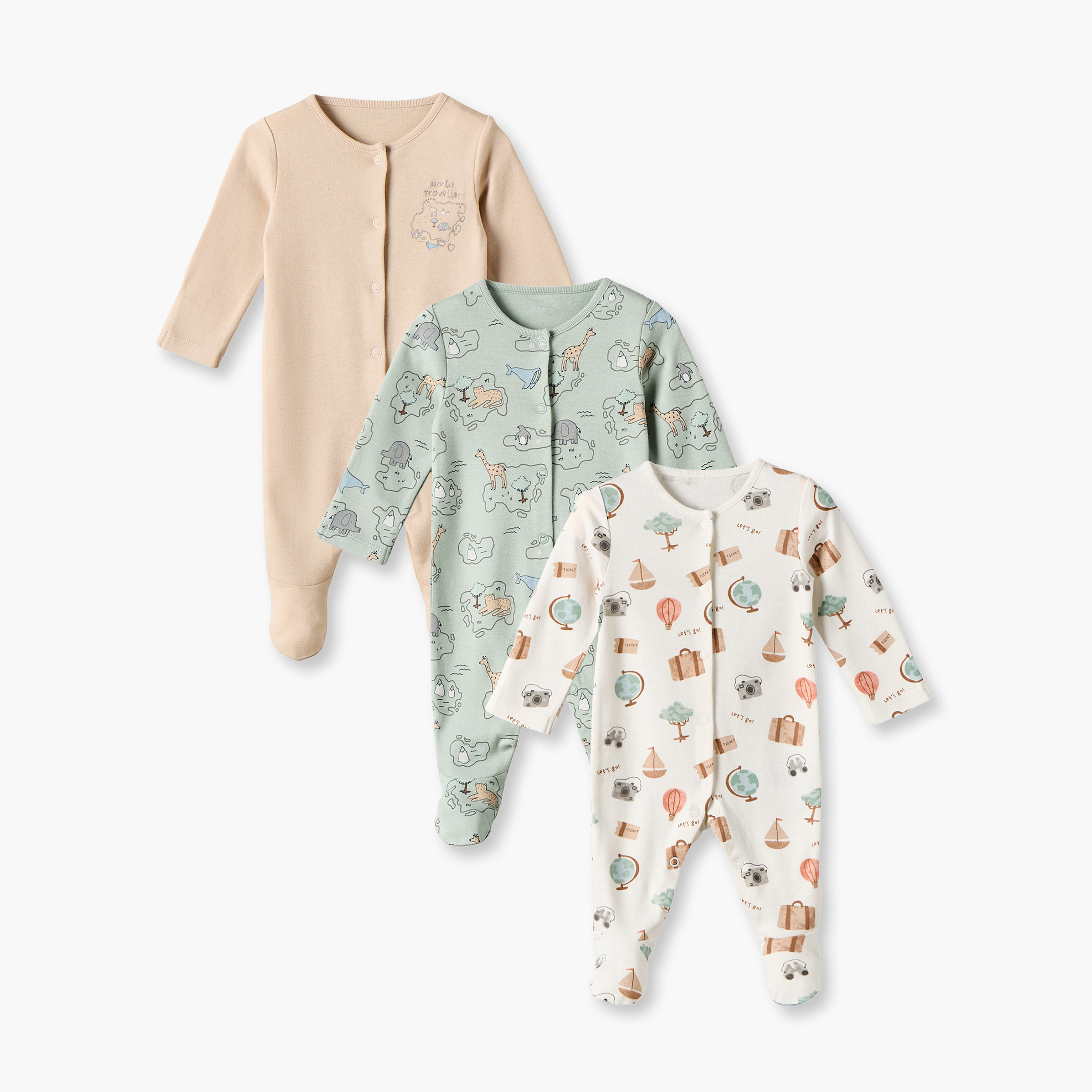 Pack of 3 Juniors Cotton Crew Neck Long Sleeves Sleepsuit with Snap Button Closure-baby-boys-clothing-nightwear-sleepsuits-image-1