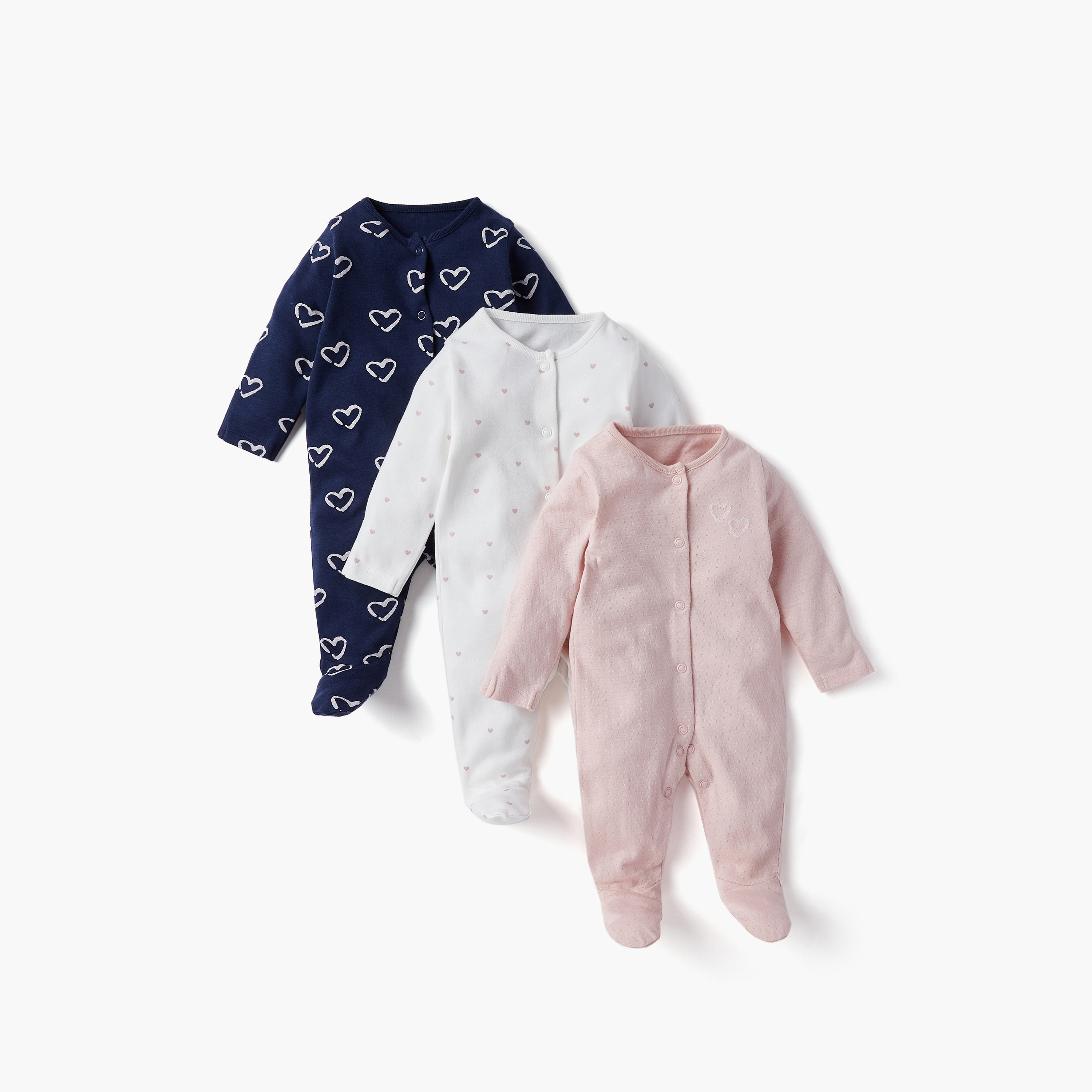 Juniors Heart Print Closed Foot Sleepsuit with Long Sleeves - Set of 3-baby-girls-clothing-nightwear-sleepsuits-image-1
