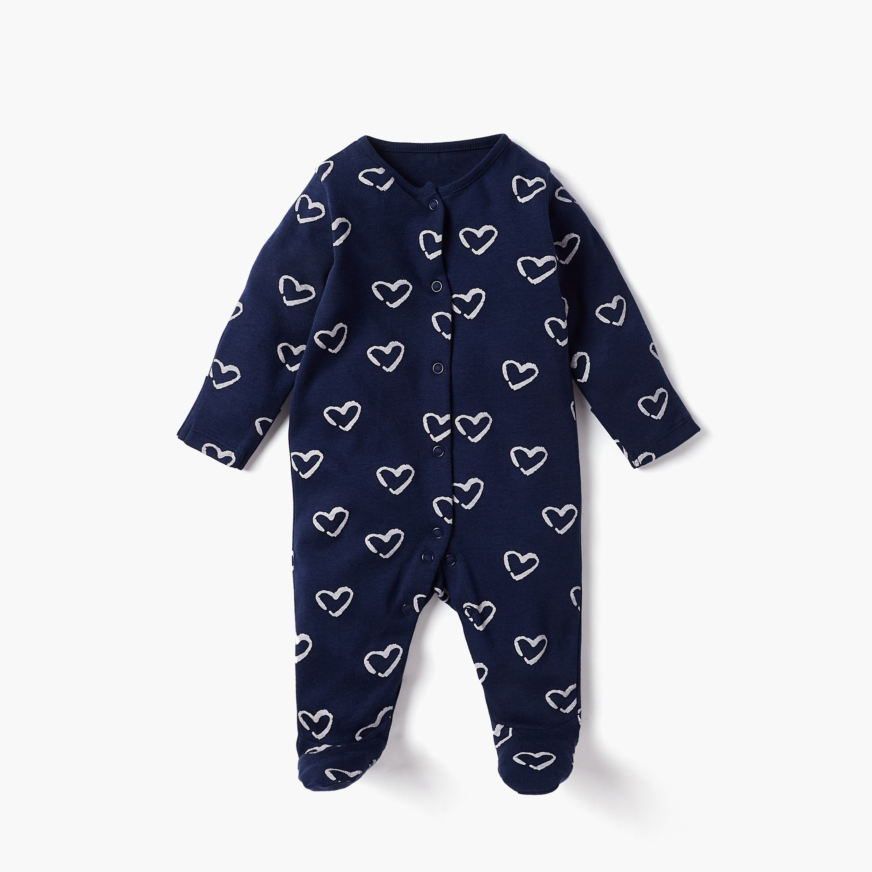 Juniors Heart Print Closed Foot Sleepsuit with Long Sleeves - Set of 3-baby-girls-clothing-nightwear-sleepsuits-image-4