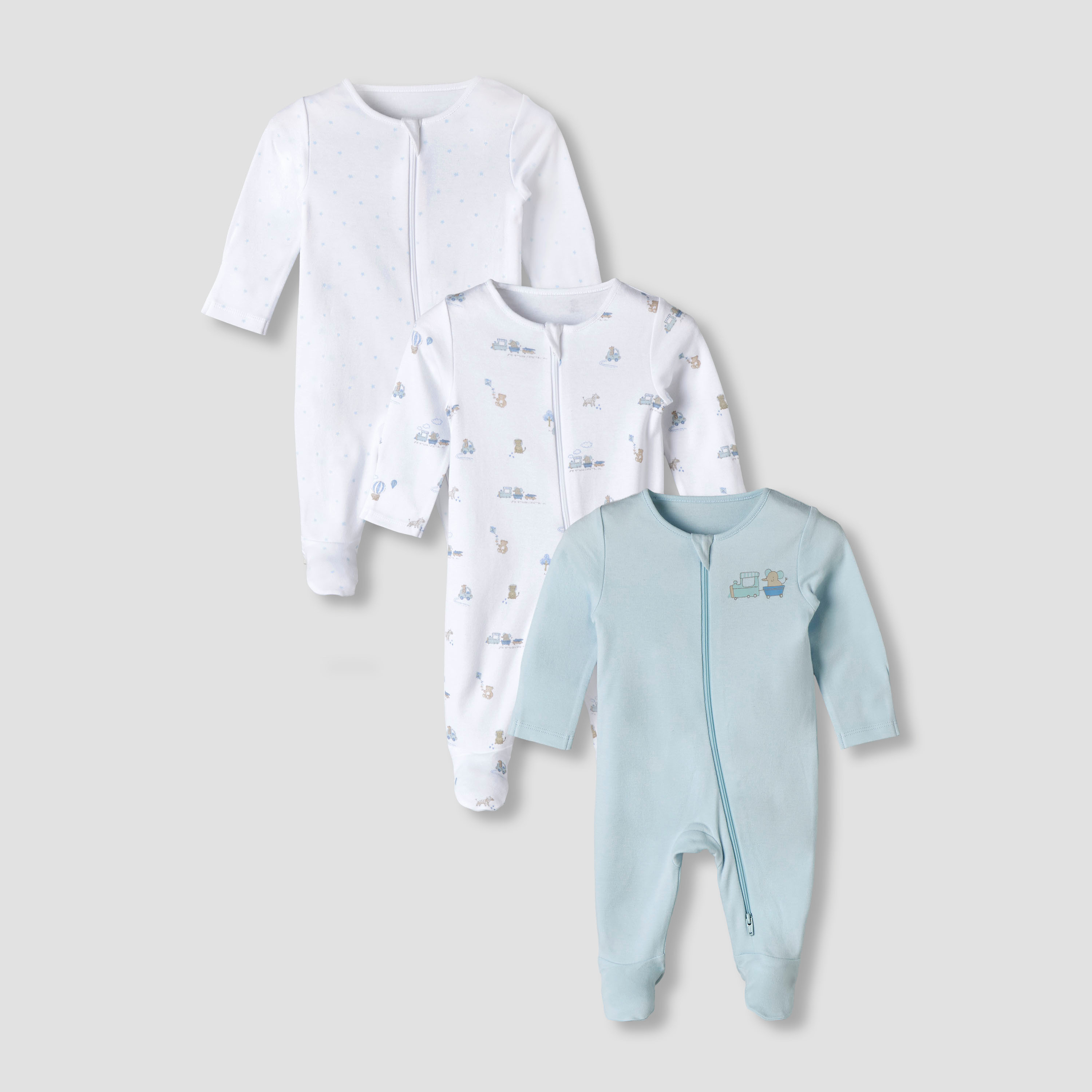 Pack of 3 Juniors Organic Cotton Round Neck Long Sleeves Sleepsuit with Print-baby-boys-clothing-nightwear-sleepsuits-image-1