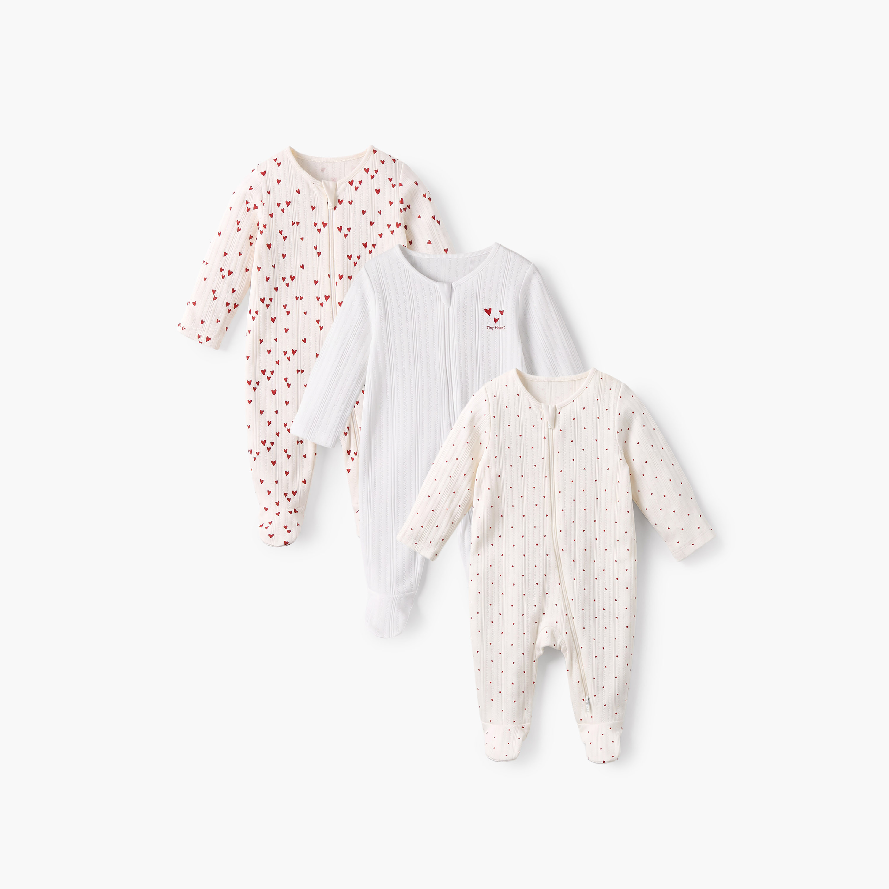 طقم بدلات نوم قطن بأكمام طويلة وياقة ضيقة وطبعات قلوب من جونيورز - 3 قطع-baby-girls-clothing-nightwear-sleepsuits-image-1