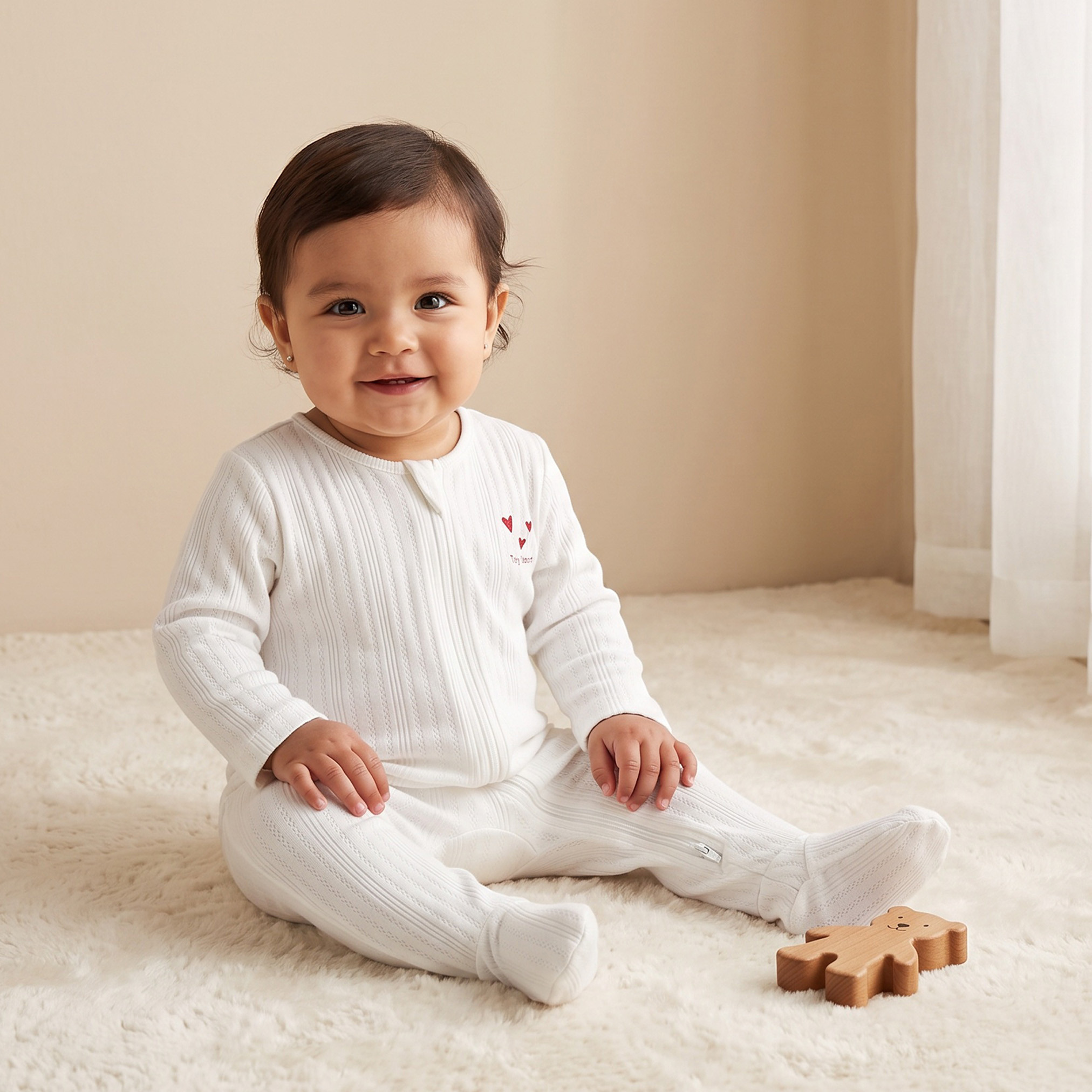 طقم بدلات نوم قطن بأكمام طويلة وياقة ضيقة وطبعات قلوب من جونيورز - 3 قطع-baby-girls-clothing-nightwear-sleepsuits-image-2