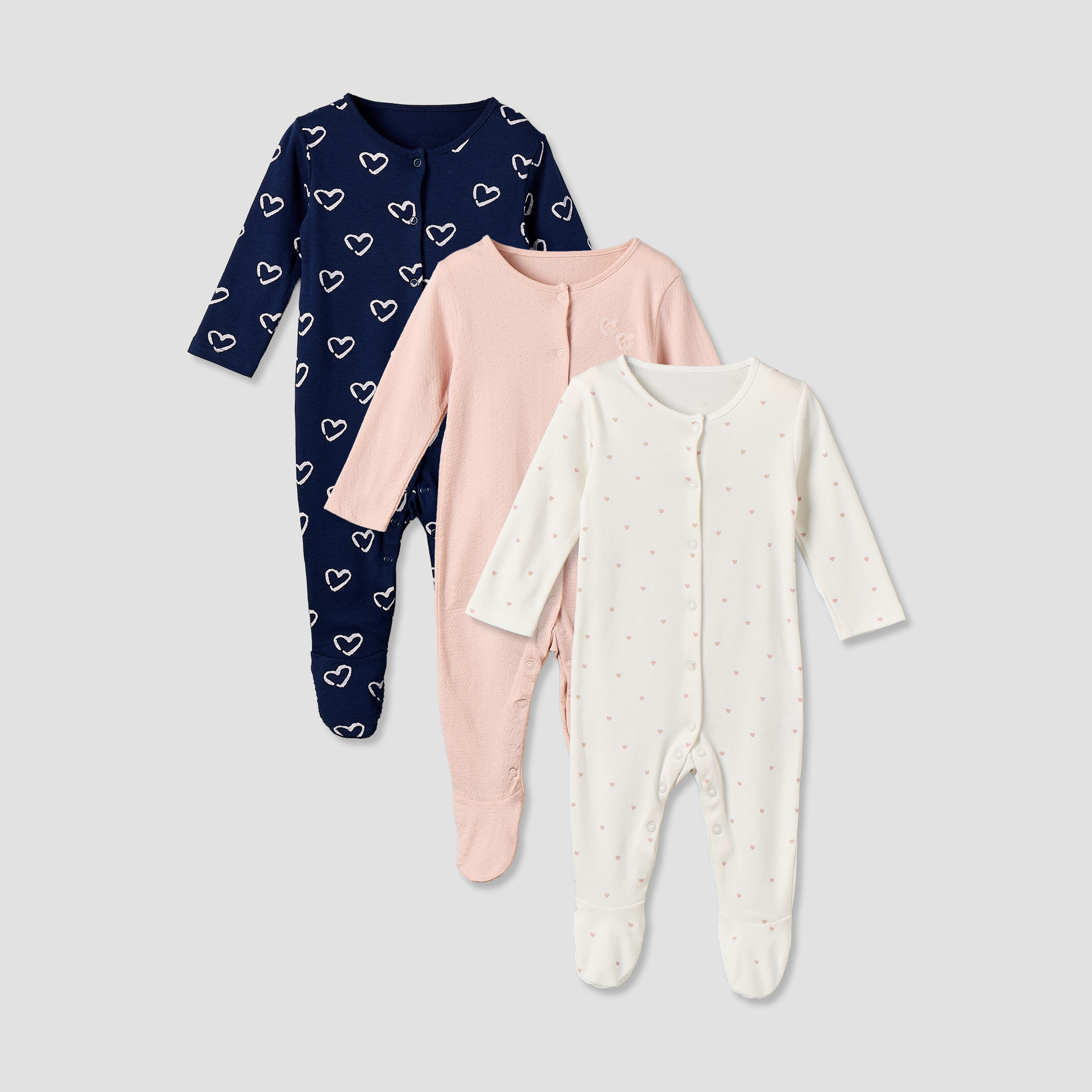 Pack of 3 Cotton Crew Neck Long Sleeve Sleepsuit with Snap Button Closure-baby-girls-clothing-nightwear-sleepsuits-image-1