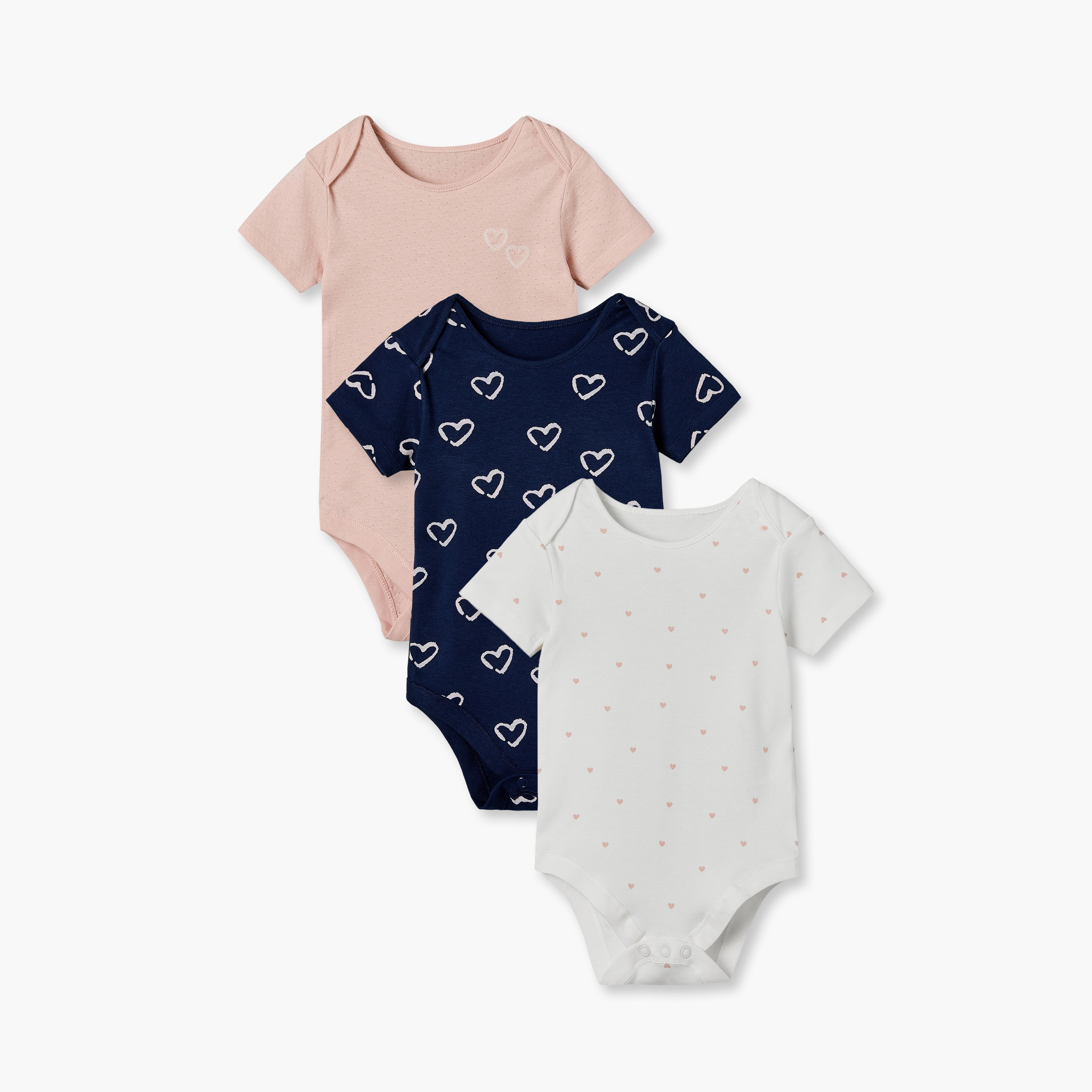 طقم بودي سوت قطني بياقة مستديرة وأكمام قصيرة بطبعة قلوب من جونيورز - 3 قطع-baby-girls-clothing-bodysuits-image-1