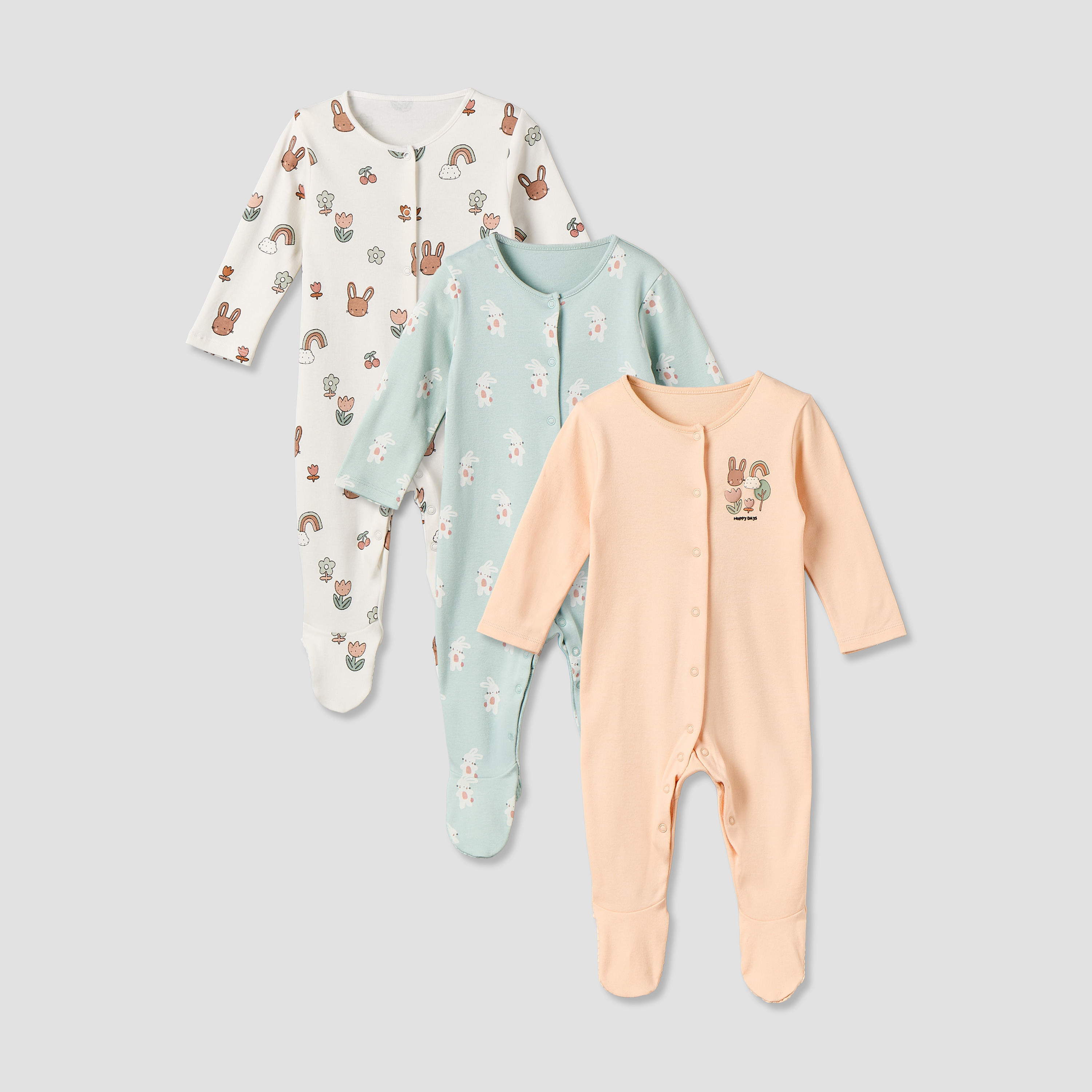 Pack of 3 Juniors Cotton Crew Neck Long Sleeve Sleepsuit with Bunny Print-baby-girls-clothing-nightwear-sleepsuits-image-1