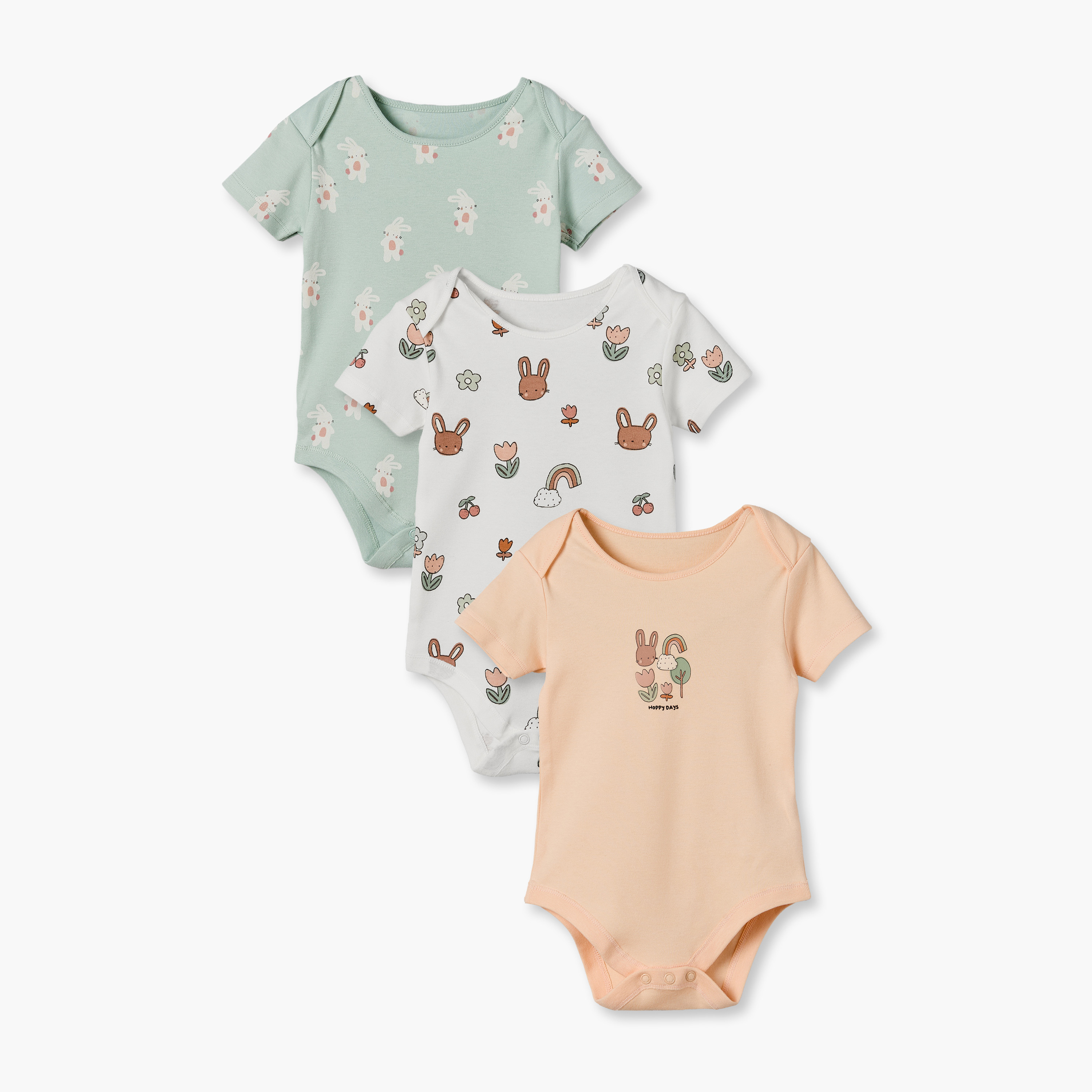 طقم بودي سوت قطني بياقة مستديرة وأكمام قصيرة بطبعة أرنب من جونيورز - 3 قطع-baby-girls-clothing-bodysuits-image-1