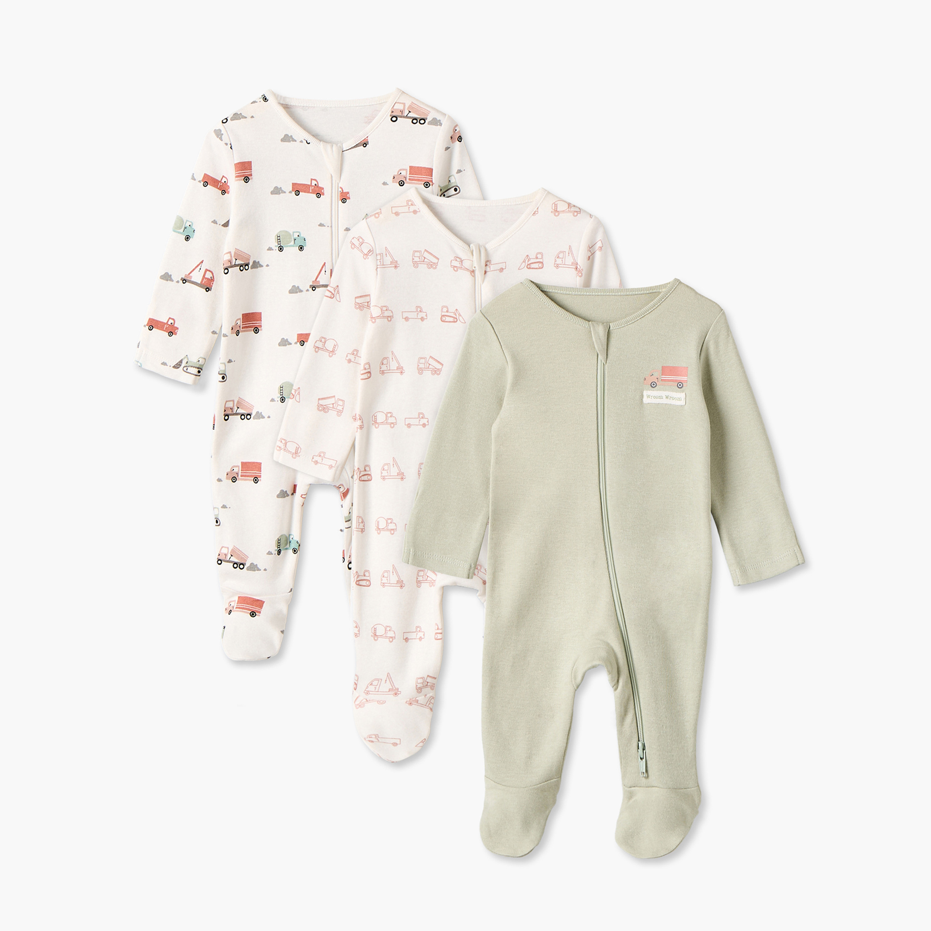 طقم بدلات نوم قطنية بياقة ضيقة وأكمام طويلة وسحّاب إغلاق من جونيورز - 3 قطع-baby-boys-clothing-nightwear-sleepsuits-image-1