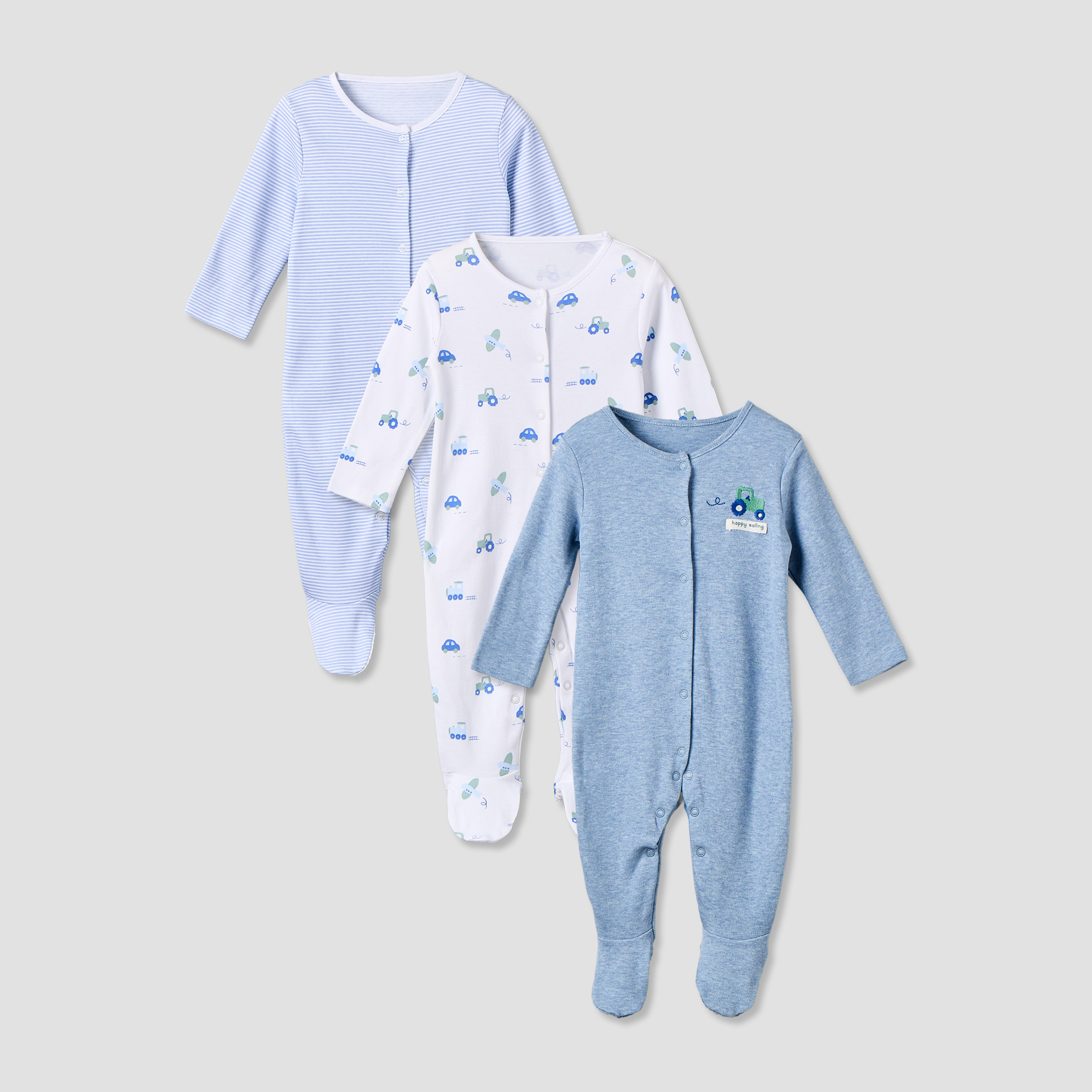 Pack of 3 Juniors Cotton Crew Neck Long Sleeves Sleepsuit with Assorted Print-baby-boys-clothing-nightwear-sleepsuits-image-1