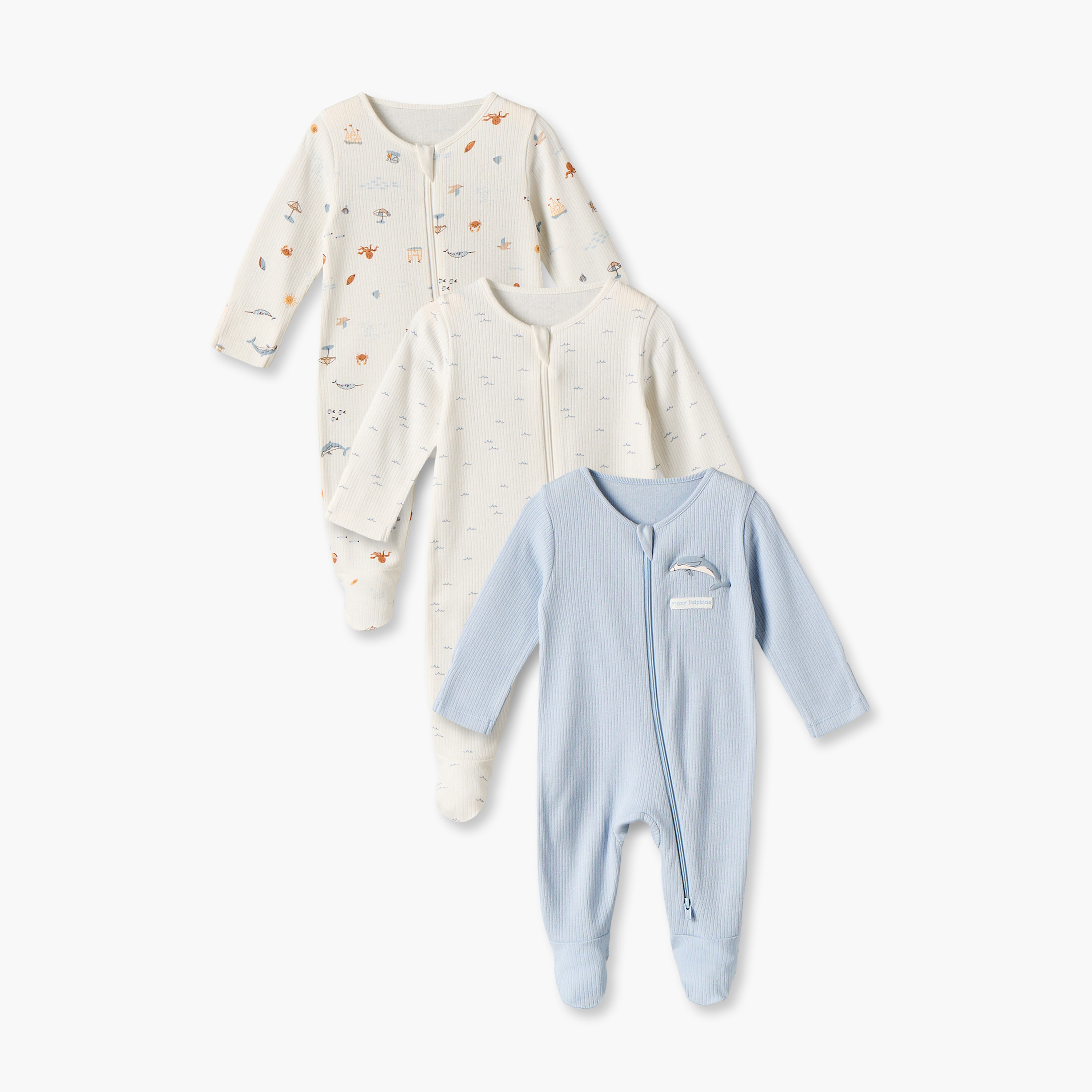 Pack of 3 Juniors Cotton Crew Neck Long Sleeves Sleepsuit with Zip Closure-baby-boys-clothing-nightwear-sleepsuits-image-1
