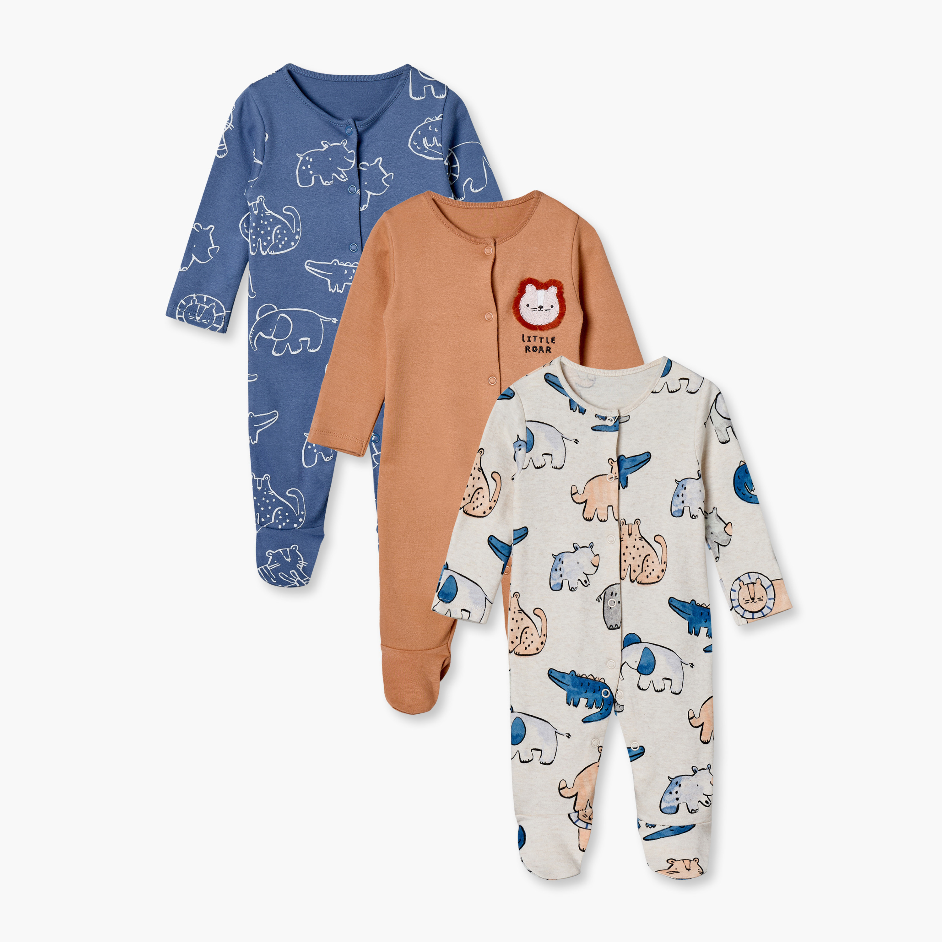 Pack of 3 Juniors Cotton Crew Neck Long Sleeves Sleepsuit with Safari Print-baby-boys-clothing-nightwear-sleepsuits-image-1